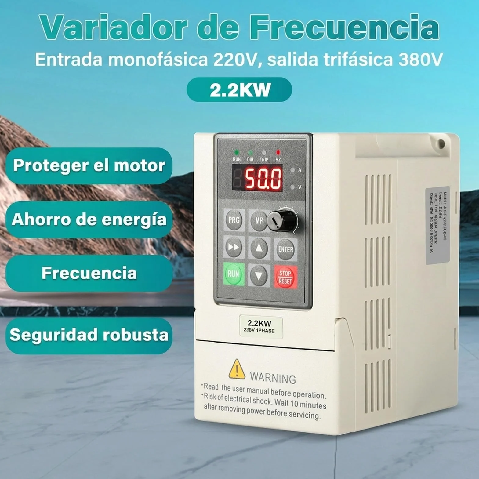 Variador de frecuencia VFD 230V 380V Entrada monofásica 220V Salida trifásica 380V 2,2KW Convertidor de frecuencia CNC Modelo de fábrica JLS-E-2S-2.2GB-4T (con cable de extensión de 2M)