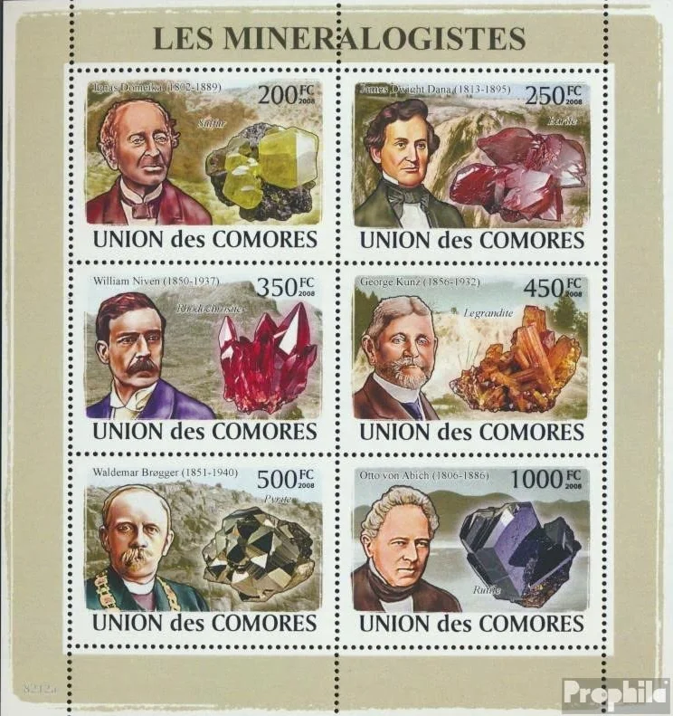 Prophila Collection Comoras 2037-2042 Sheetlet MNH 2008 Mineralogen Minerales Sellos