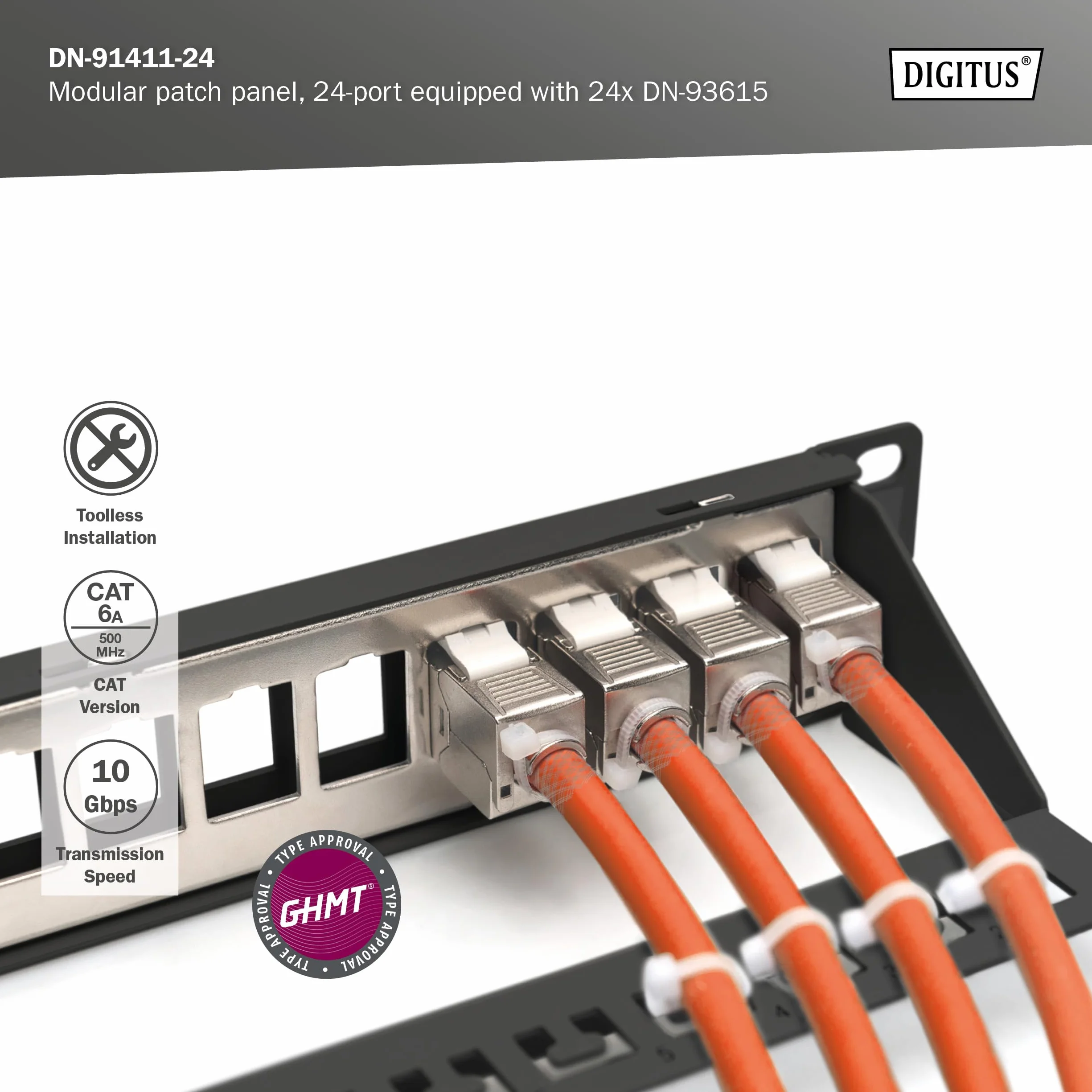 DIGITUS Juego de paneles de conexión CAT 6A 24 puertos DN-93615 500 MHz Montaje en rack 19 pulgadas 1 U Negro
