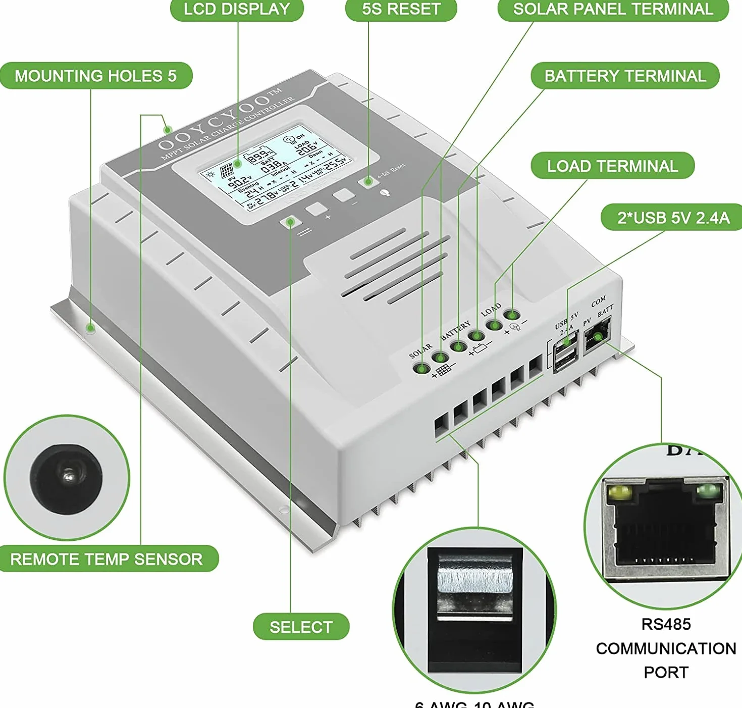 MPPT 60A Controlador de Carga Solar 12V 24V Automático, MPPT 60A Regulador de Carga Solar con LCD Pantalla puertos USB, Entrada FV máxima 100 V,Apto muchos plomo ácido y litio Baterías