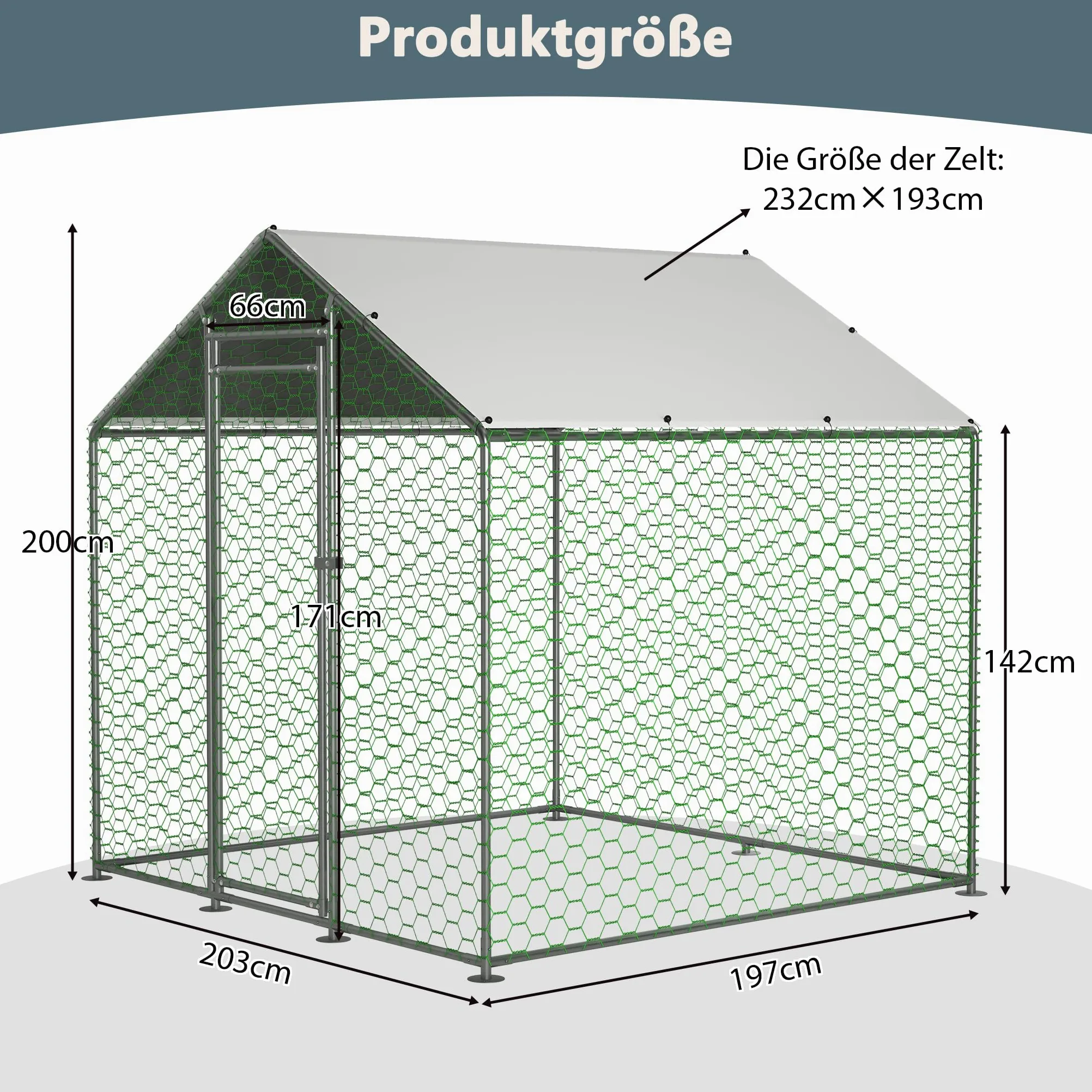 Redkid Corral Metálico para Gallinas 4m² 2x2x2m, Recinto Exterior para Gallinas, Conejos y Pequeños Animales, Lona PE Impermeable, Cierre de Seguridad