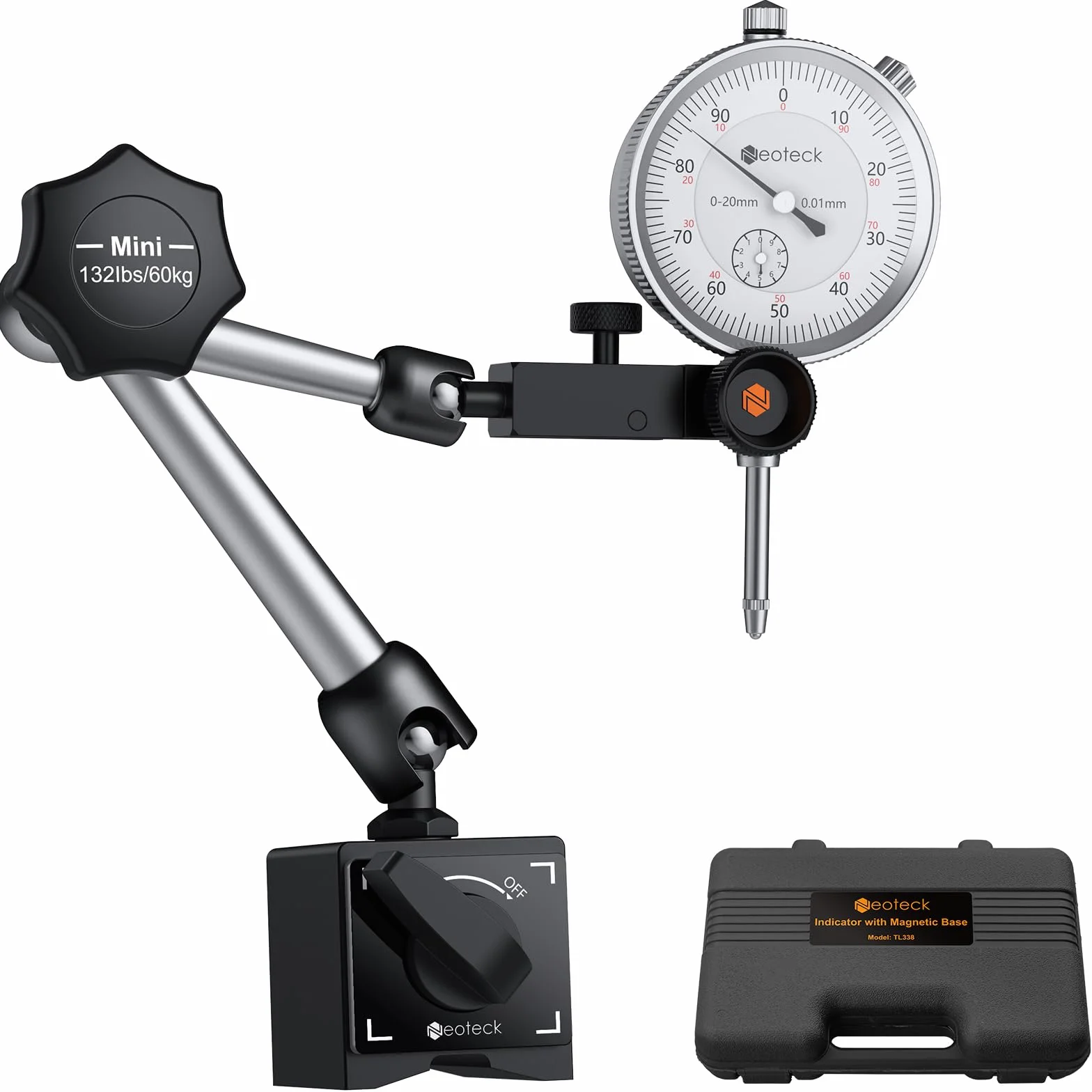 Neoteck Reloj Comparador 0-20mm Indicador de Cuadrante 0.01mm con Base Magnética 132lbs/60kg para Torno CNC Impresora 3D