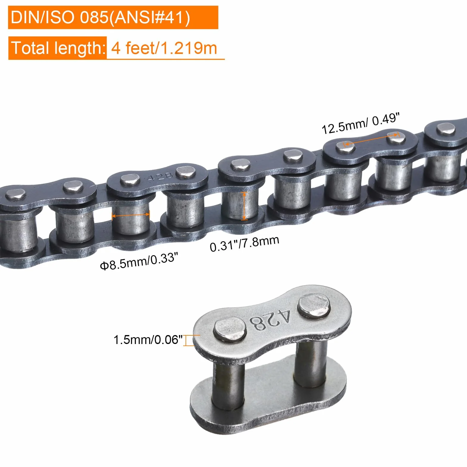 QUARKZMAN Cadena De Rodillos 4 Pies Paso 1/2" Acero Al Carbono 96 Eslabones Para Go-karts