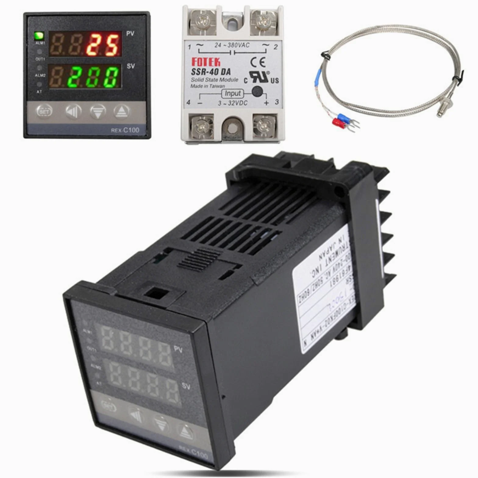 Alarma REX-C100 110V a 240V 0 a 1300 grados Kits de controlador de temperatura PID digital con sensor de sonda tipo K(2pcs SSR-25DA)