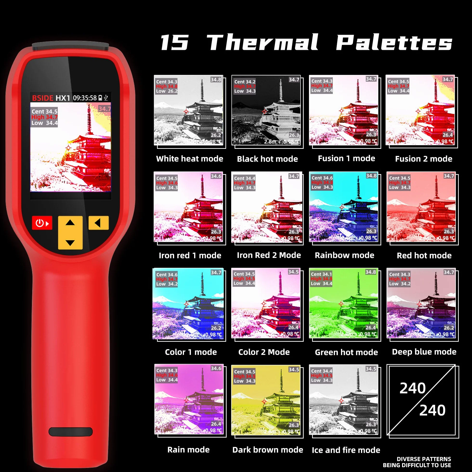BSIDE Cámara Térmica 240 * 240 Resolución 15 Paletas de Colores Cámara Térmica Infrarroja -4°F to 1022°F 25Hz Cámara Térmica de Mano Recargable con Puntero Láser 50°FOV