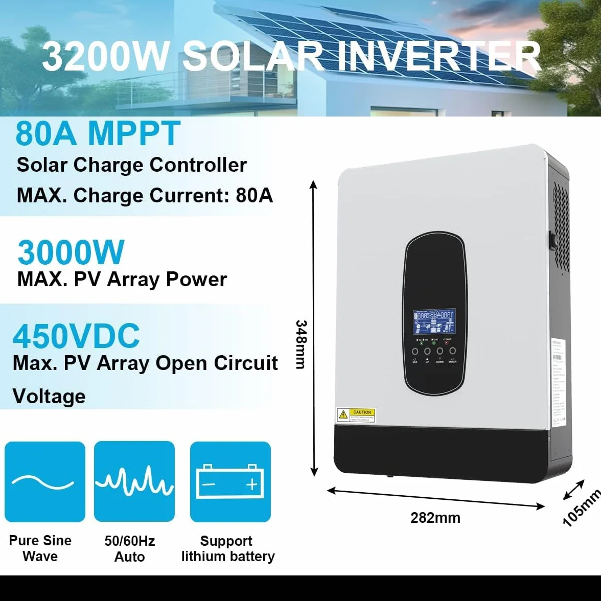 Inversor solar híbrido de 3 kW DC24 V a CA 230 V, inversor sinusoidal puro independiente de la red con cargador solar MPPT de 80 A + cargador de CA, máx. PV 3000 W DC130-430 V