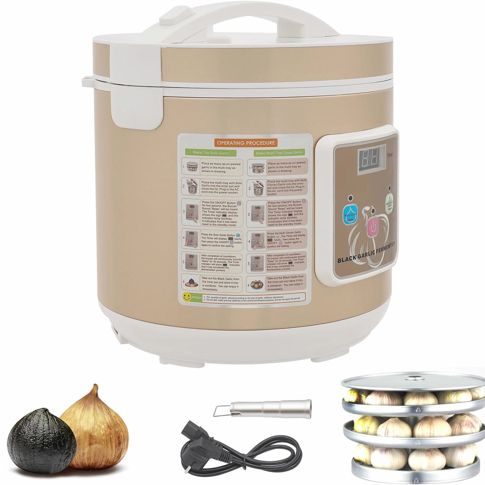 Fermentador automático negro 6L 90W 220V olla interior 3 niveles ajo control tiempo temperatura