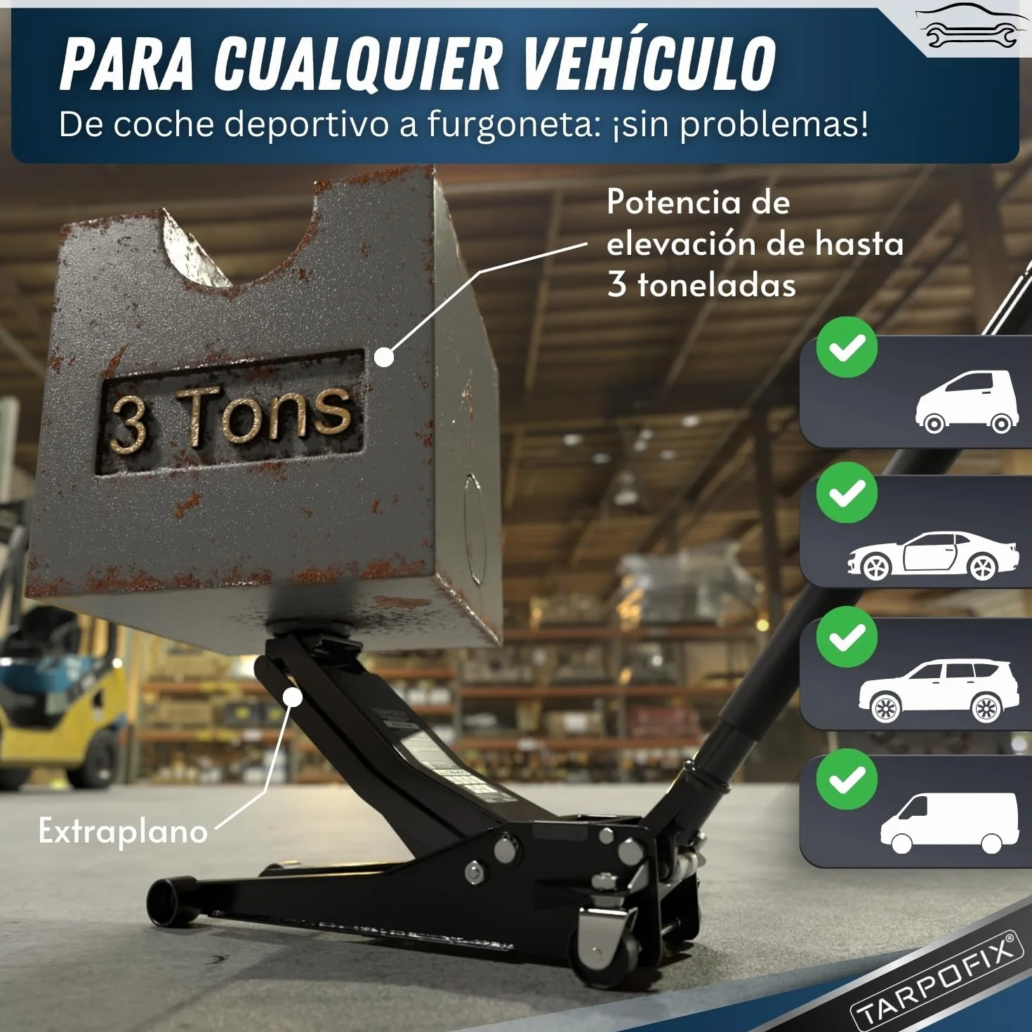 Tarpofix® Gato Hidraulico para Coche 3T — Gato Hidráulico Tipo Carretilla 3000 Kg, 85–475 Mm De Elevación, Doble Cilindro, Perfil Bajo para SUV Y Coches Bajos