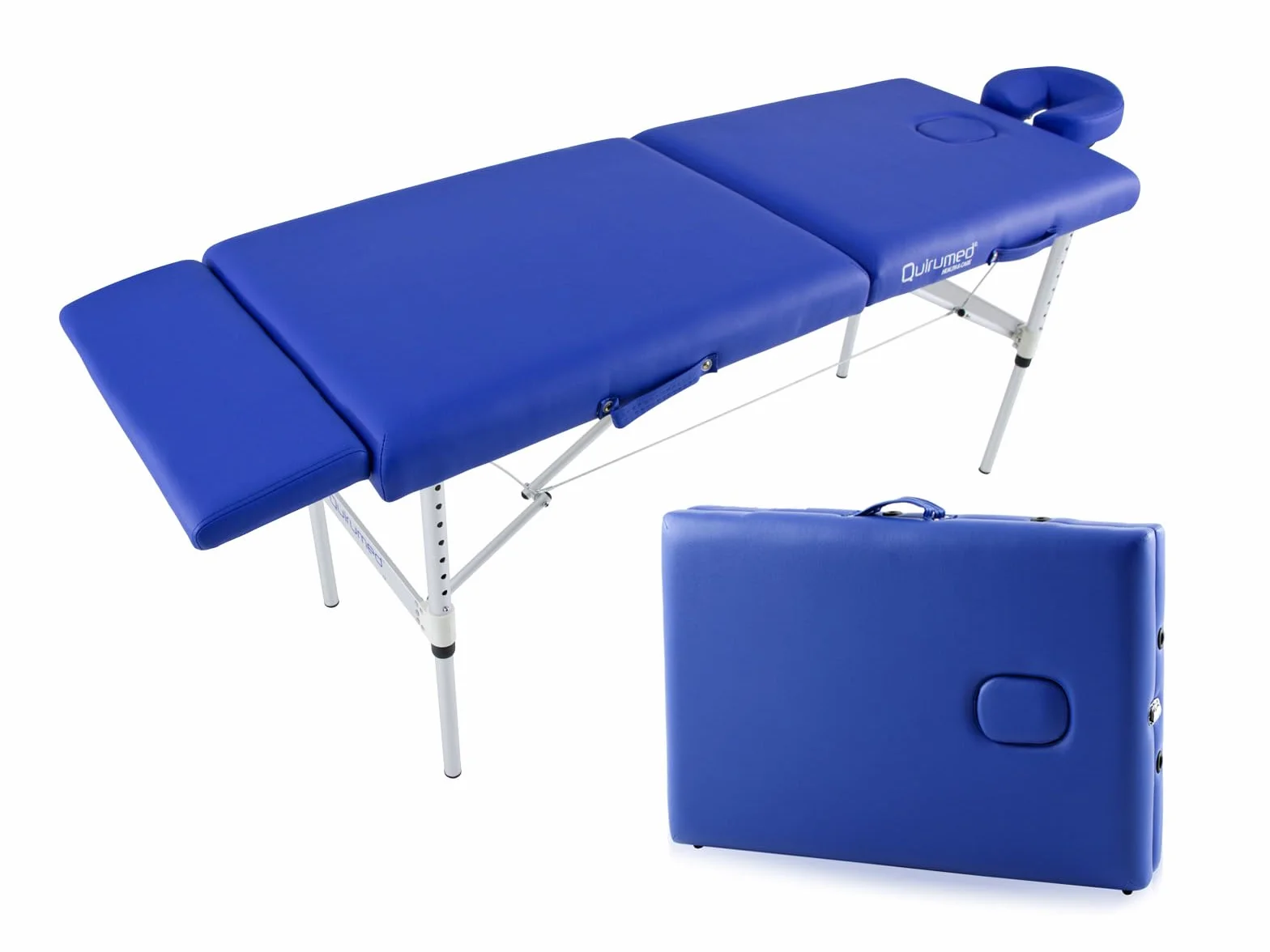 QUIRUMED Camilla de Masaje, Plegable, Aluminio Ultralight, Polipiel, Profesional, 200 x 60 cm, Azul, Cabezal extraíble, Agujero Facial, Piecero, hasta 120 kg