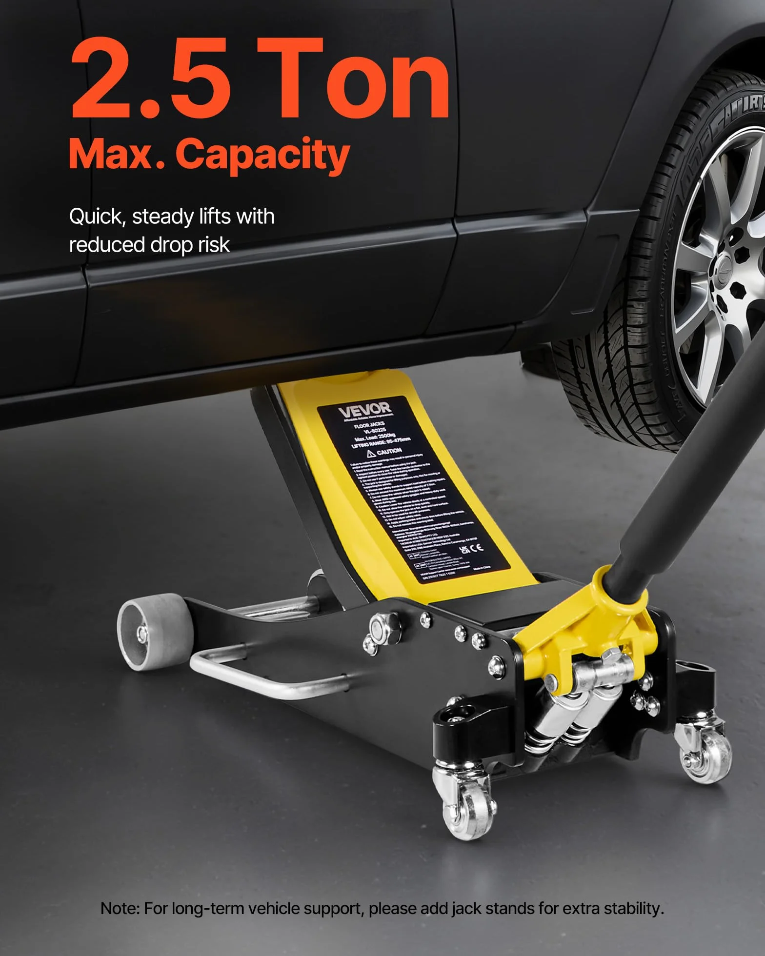 VEVOR Gato Hidráulico de Perfil Bajo Capacidad de 2,5 T, Gato de Acero para Coches, Bomba de Elevación Rápida de Pistón Doble, Rango de Elevación de 9,5 a 47,5 cm, para Automóviles, Vehículos