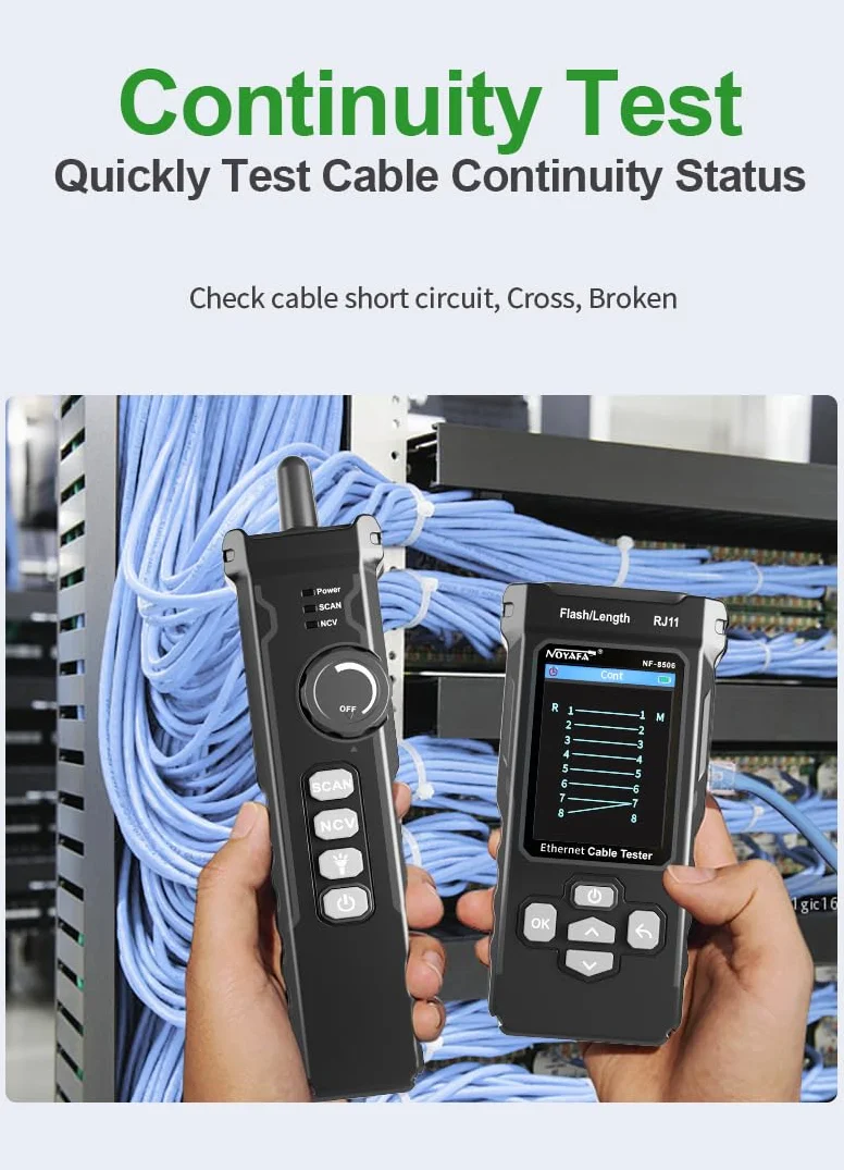 Pruebador de cables de red NF-8506 con escáner IP, TDR, PoE, prueba de ping y prueba de velocidad de red - Tono de cable Ethernet para RJ11/RJ45/CAT5/CAT6 LAN, localizador de cables telefónicos y