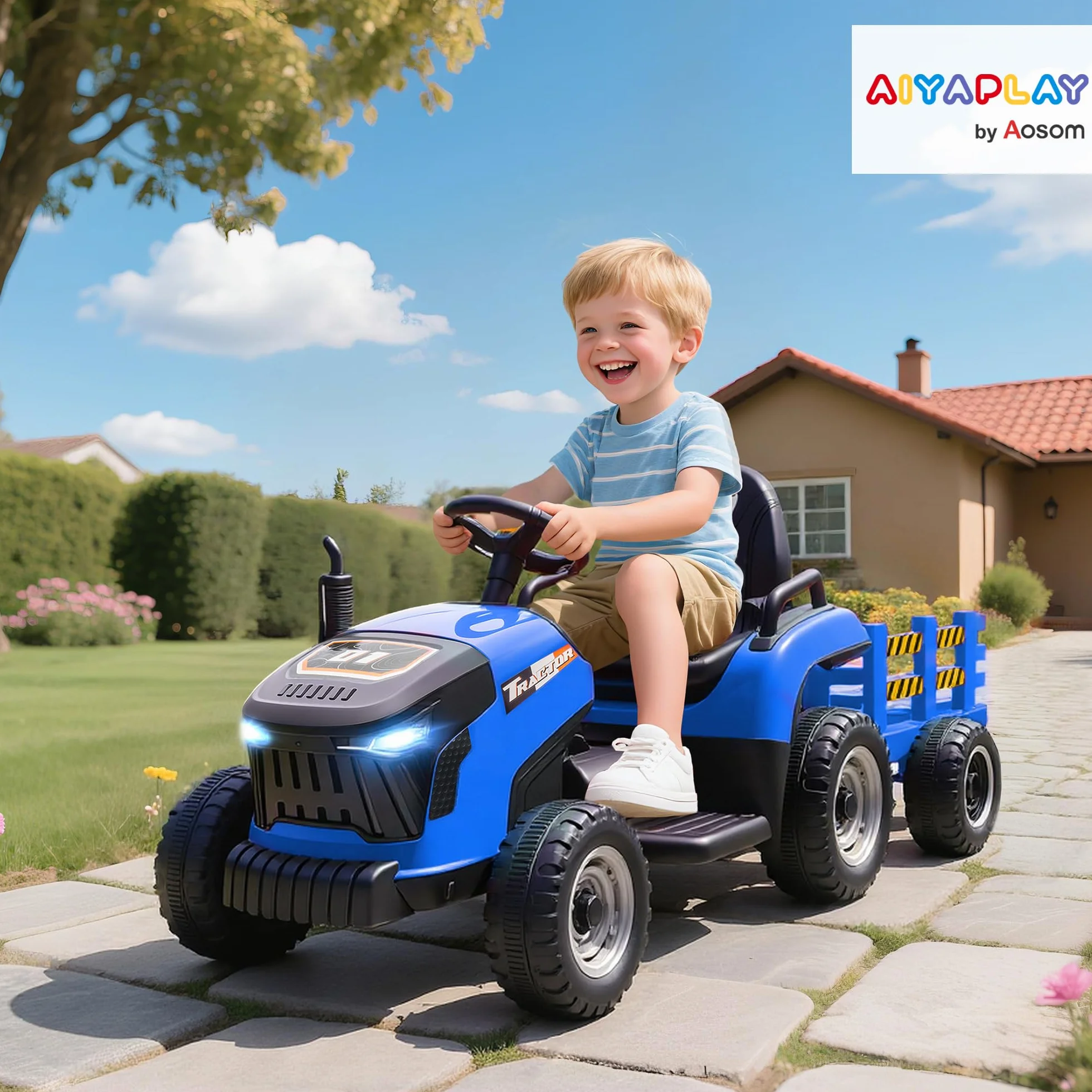 AIYAPLAY Tractor Eléctrico para Niños 12V con Remolque Desmontable, Control Remoto 2,4G, Azul