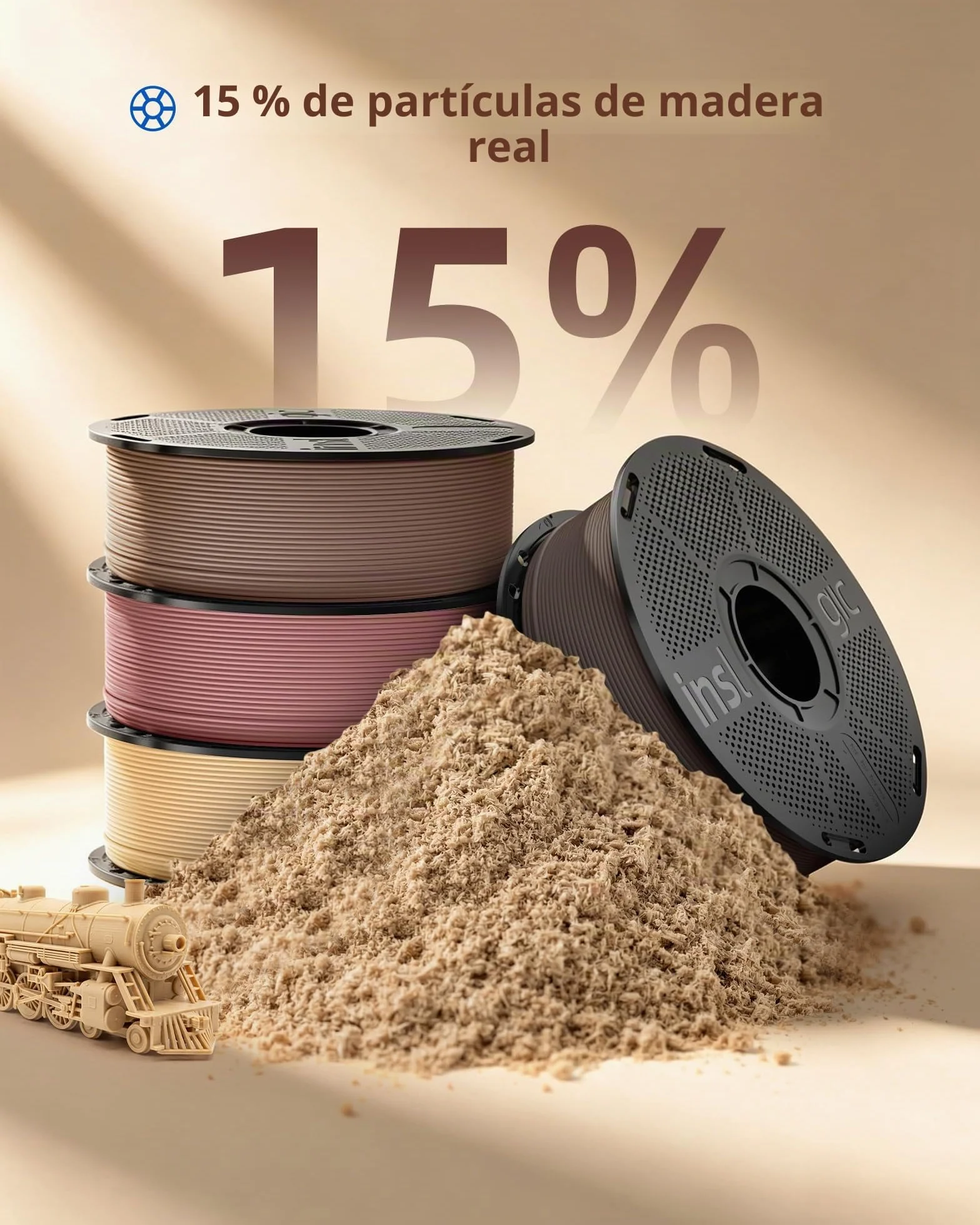 Inslogic Filamento WoodFill PLA 1,75 mm para Impresora 3D, Paquete Multicolor de 4 kg, Textura Real de Madera, compatible con la mayoría de las impresoras FDM 3D (Arce+Madera Natural+Nogal+Cerezo)