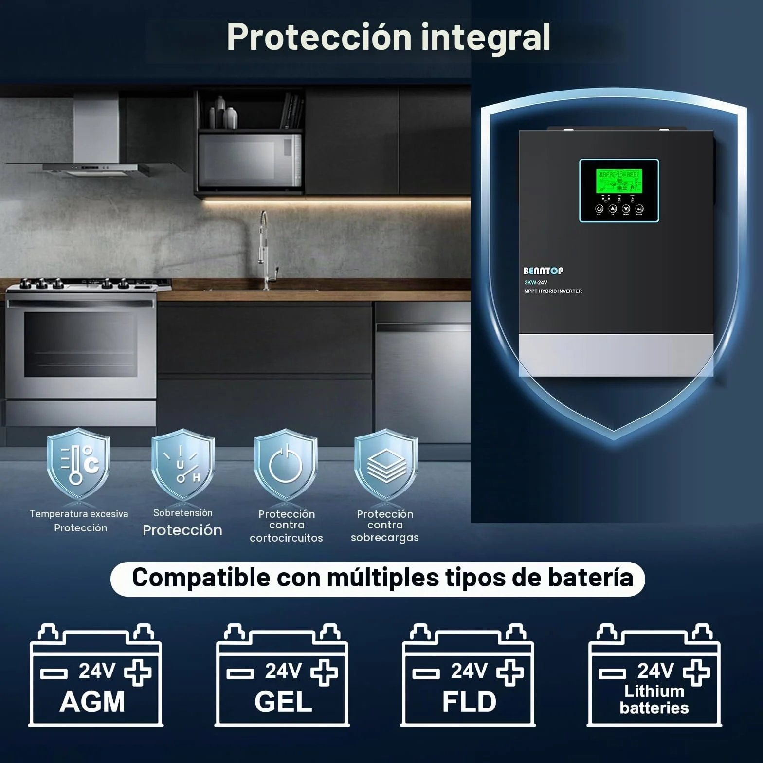 3000W Inversor híbrido 24V a 230v 220v Onda Pura Off-Grid Solar Inversor, con Controlador de Carga Solar MPPT de 80A Incorporado, MAX.PV 400Vdc,admite baterías de Plomo-ácido y Litio