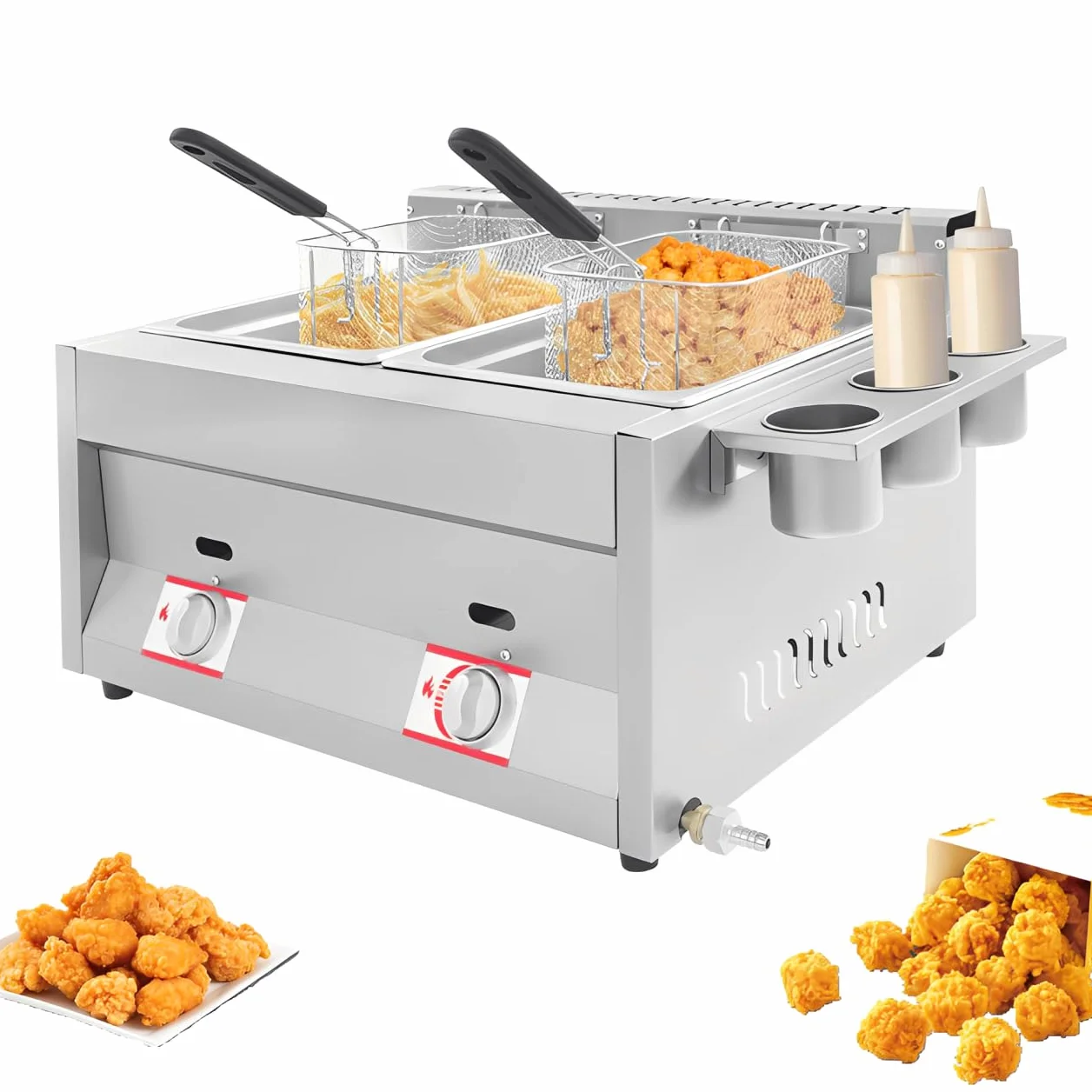 Freidora de gas doble con 2 cestas, freidora de propano de acero inoxidable, rango de temperatura 50-380 °C, freidora de gas con 3 contenedores para especias para familias, restaurantes, bocadillos