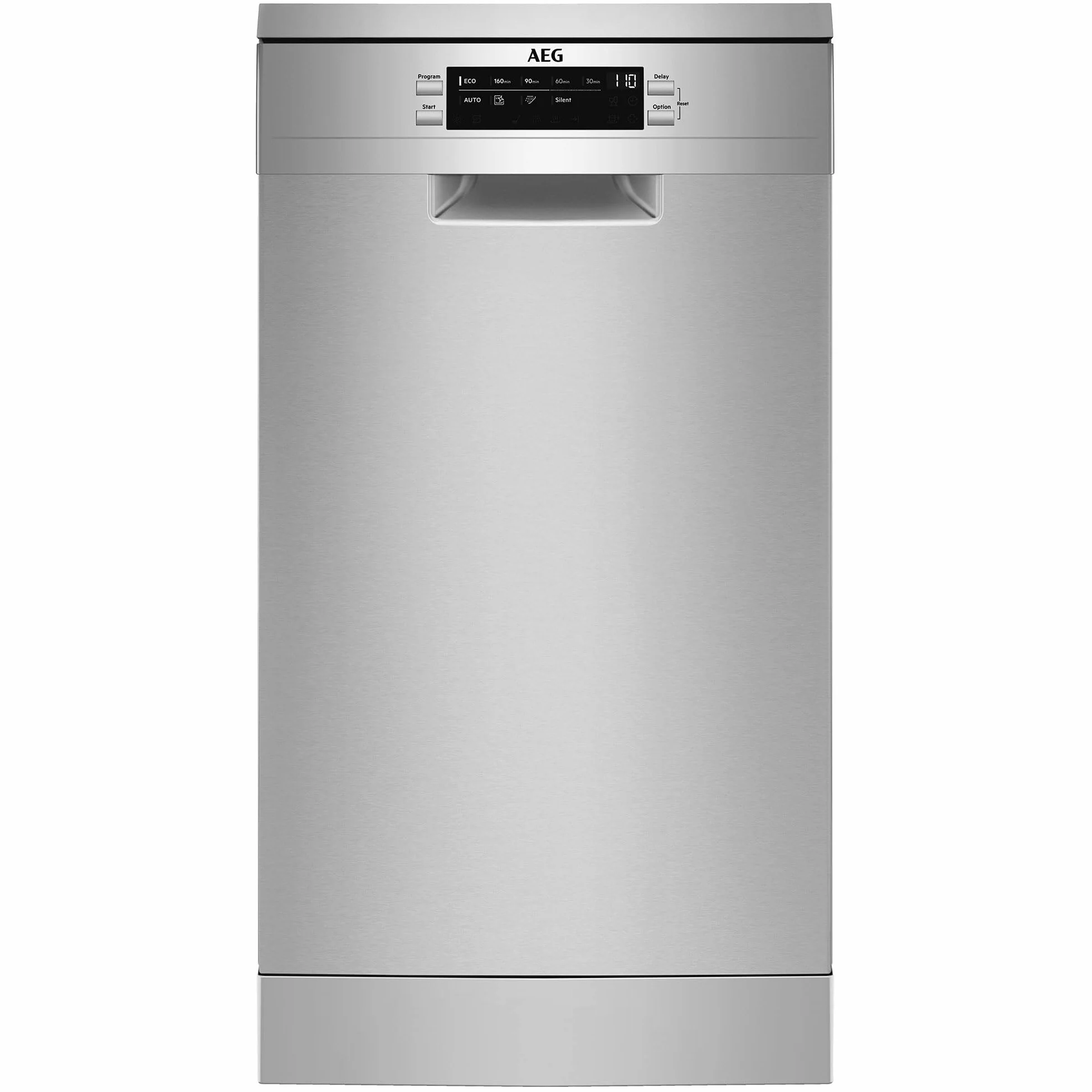 AEG Lavavajillas Pequeño AirDry FFB73527ZM, 45 cm, libre Instalación, 10 cubiertos, brazo aspersor satélite, SoftSpikes, motor Inverter, display, 9 programas a 4 temperaturas, 45 dB(A), Inox