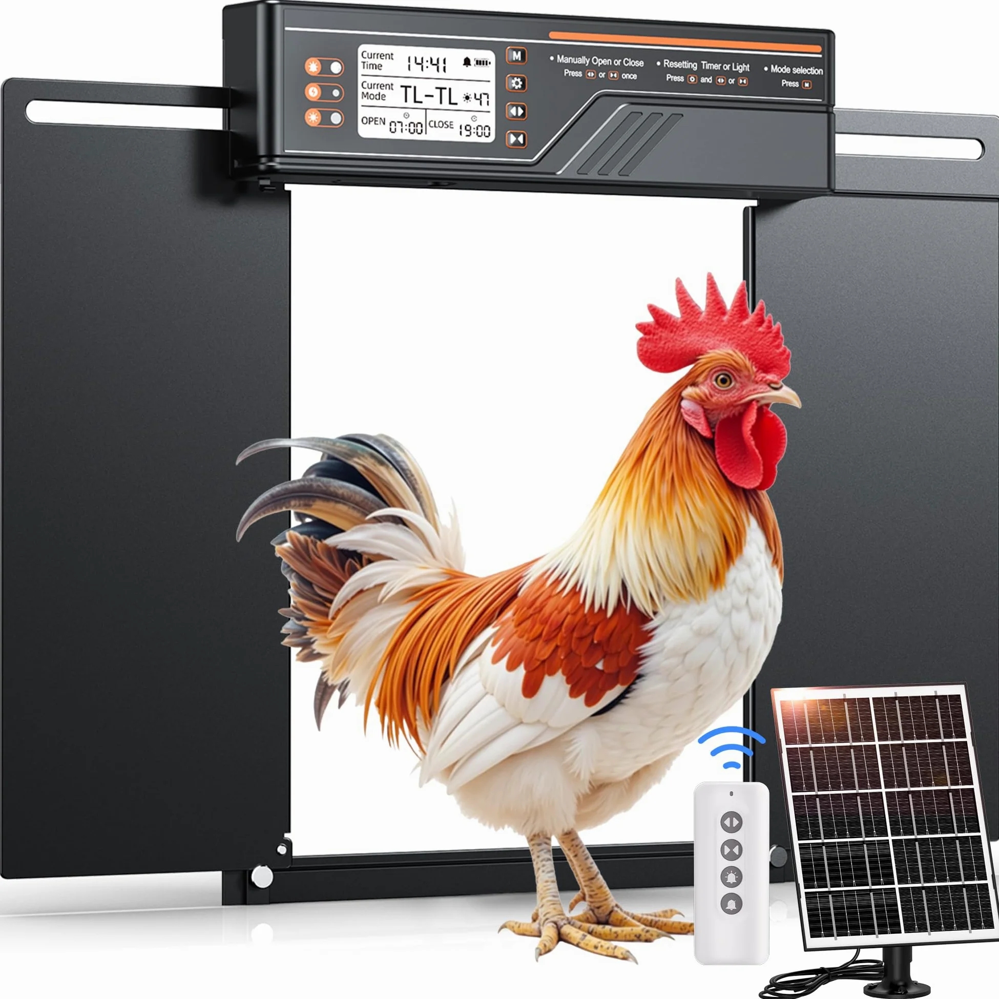 Puerta Automática Grande para Gallinero con Panel Solar de 7W, Puerta Gallinero de Aleación de Aluminio con 4 Modos, Temporizador y Sensor de Luz, Pantalla LCD de Gran Tamaño, con Mando a Distancia
