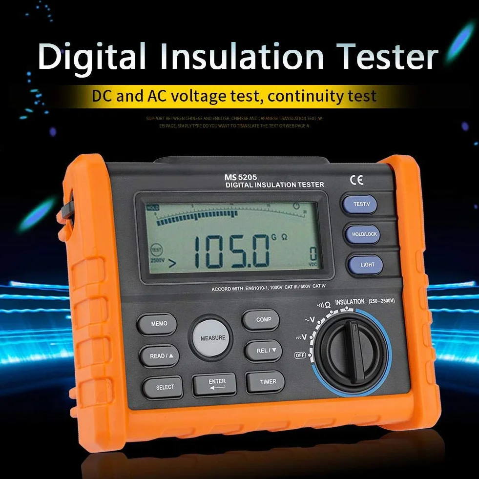 Probador de resistencia de aislamiento, PEAKMETER PM5205 Cálculo automático Medidor de voltaje CA y CC Probador de resistencia de tierra automático Megóhmetro Pantalla analógica digital 0.01MΩ-100GΩ 2