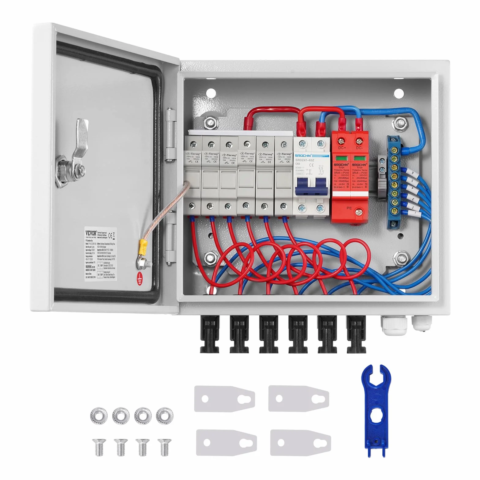 VEVOR Caja Combinadora Fotovoltaica, 6 Cuerdas, Caja Combinadora Solar con Fusible de Corriente Nominal de 15 A Conector Solar, Caja de Acero para Sistema de Panel Solar de Red de Encendido, Apagado