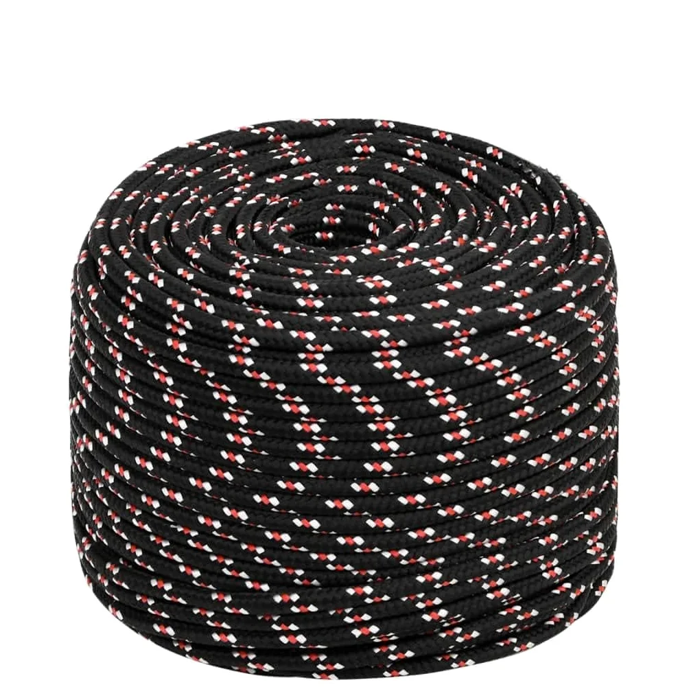 Cuerda de polipropileno negro de 10 mm de grosor, 25 m de longitud, 43 g por m, 645 kg de resistencia a la rotura, resistente a la intemperie para vela, barco, camping, fijación y seguridad