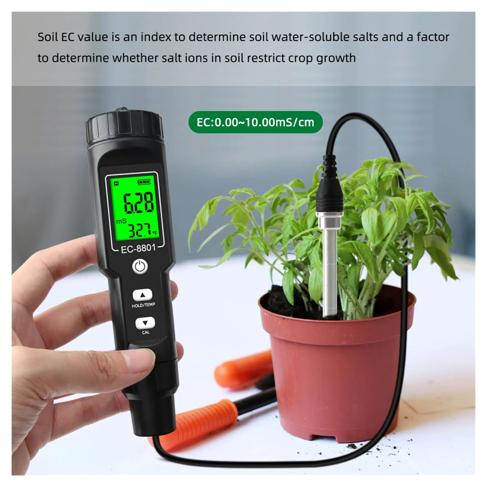 Medidor de Calidad del Agua, Termómetro Digital LCD multifunción for Suelos con CE, Resistente al Agua, retroiluminación y sonda Desmontable. para Campo y Laboratorio