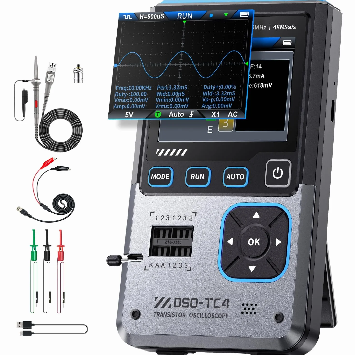 Osciloscopio,3 en 1 Osciloscopio Digital 10MHz Ancho de Banda 48Ms/s Muestreo 13 Salidas de Señal Un Botón Comprobador Automático de Transistores Comprobador de Componentes,Español Conmutable