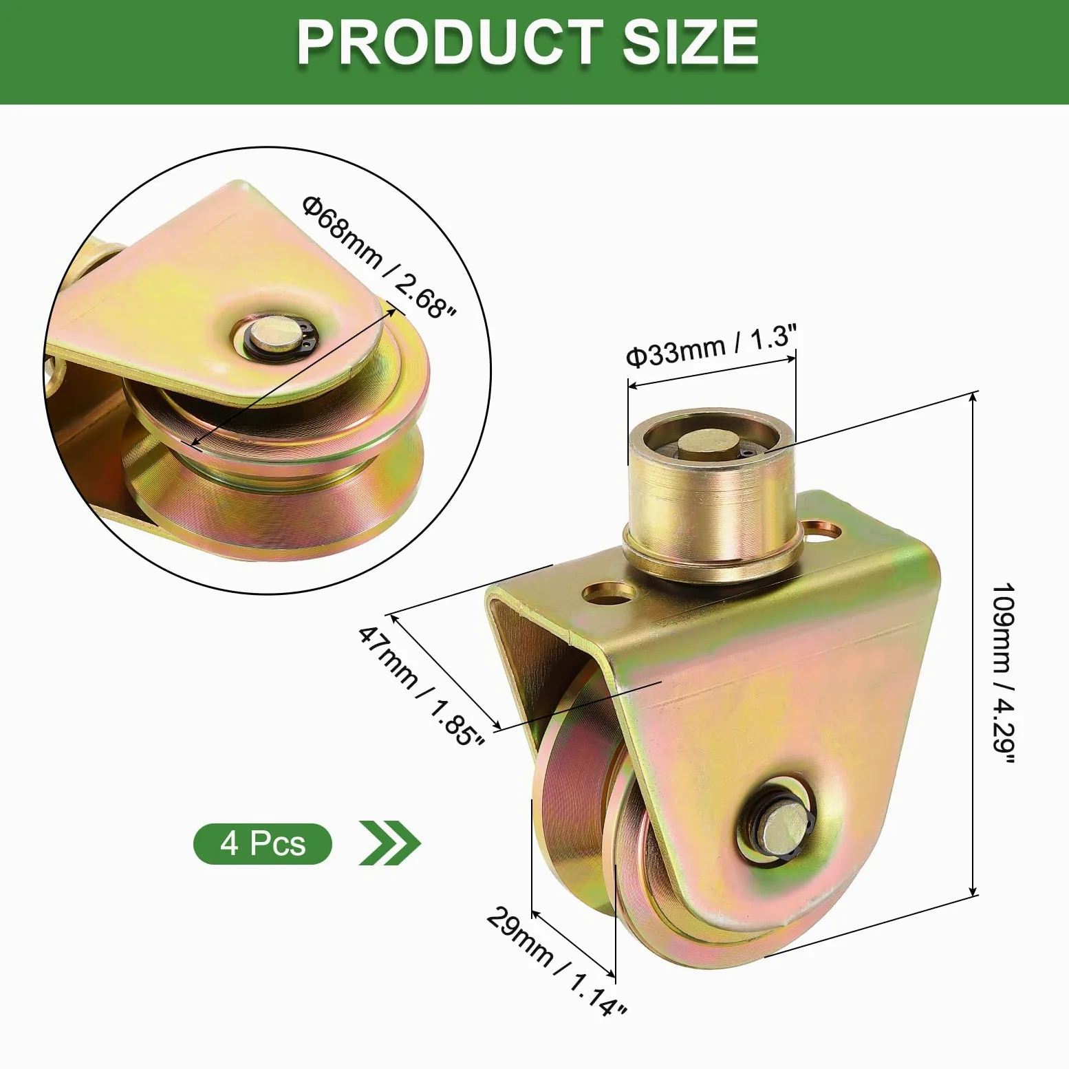 QUARKZMAN 4Pcs Ruedas Para Puerta Corrediza De 2.7 Pulgadas Polea Dorado | Con Rodamiento Giratorio De 360 Grados Y Ranura En V, Con Soporte, Para Riel Puerta Corrediza Máquinas Industriales
