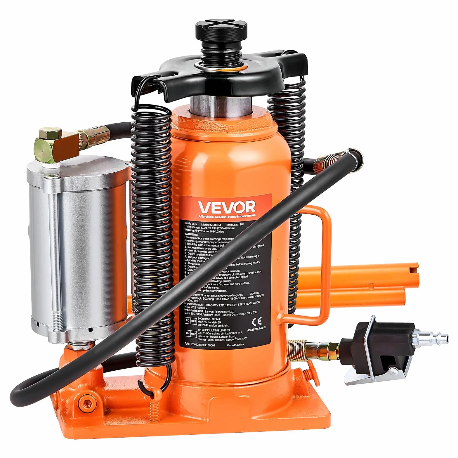 VEVOR Gato Neumático de Botella 20 T, Elevación 260-495 mm, Bomba para SUV y Camionetas, 235x155x260 mm, Naranja