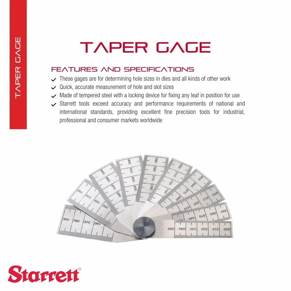 Starrett 269b Acero Templado Calibre cónico, 0,500" – 1" Rango, 0.001 "Graduación, 2 – 3/4" de longitud, 10 hojas
