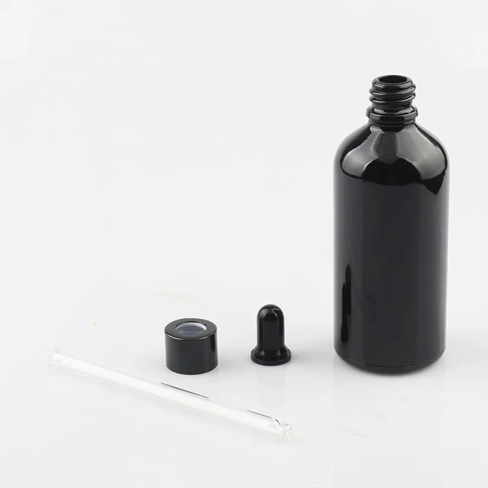 12 Pieza,Botella de Aceite Esencial Negro brillante de 100 Ml, Fácil de Llenar, Botellas de Cristal con anillo de Negro y pipeta,para Aceite Esencial, Masaje,Fragancia, Aromaterapia