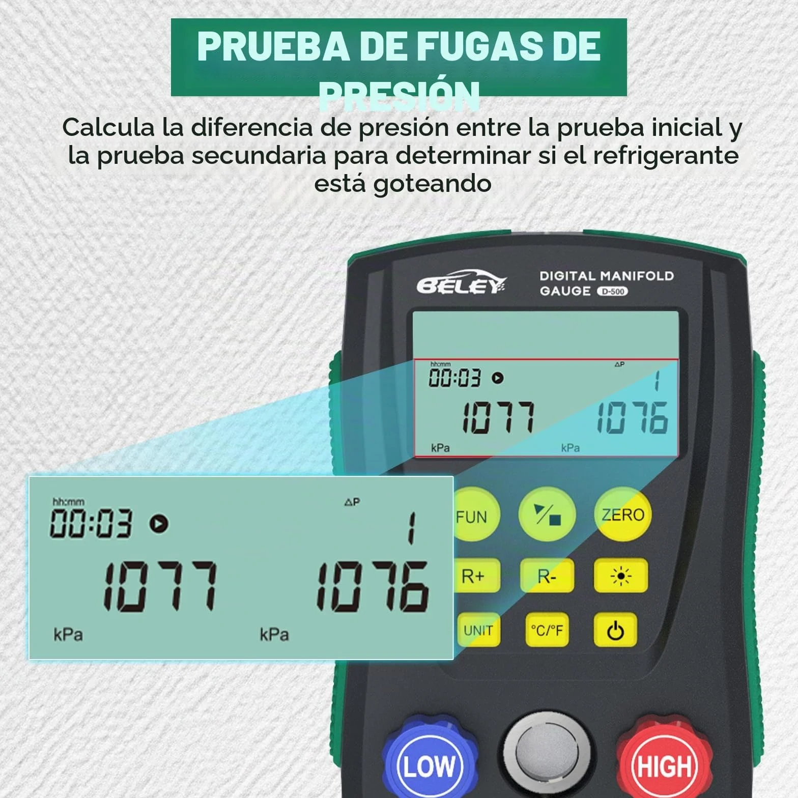 BELEY Juego de manómetros digitales, R32 R410a Kit de indicador digital para sistema de colector, manómetro de sistema HVAC de temperatura para 93 refrigerantes, con 2 abrazaderas de temperatura