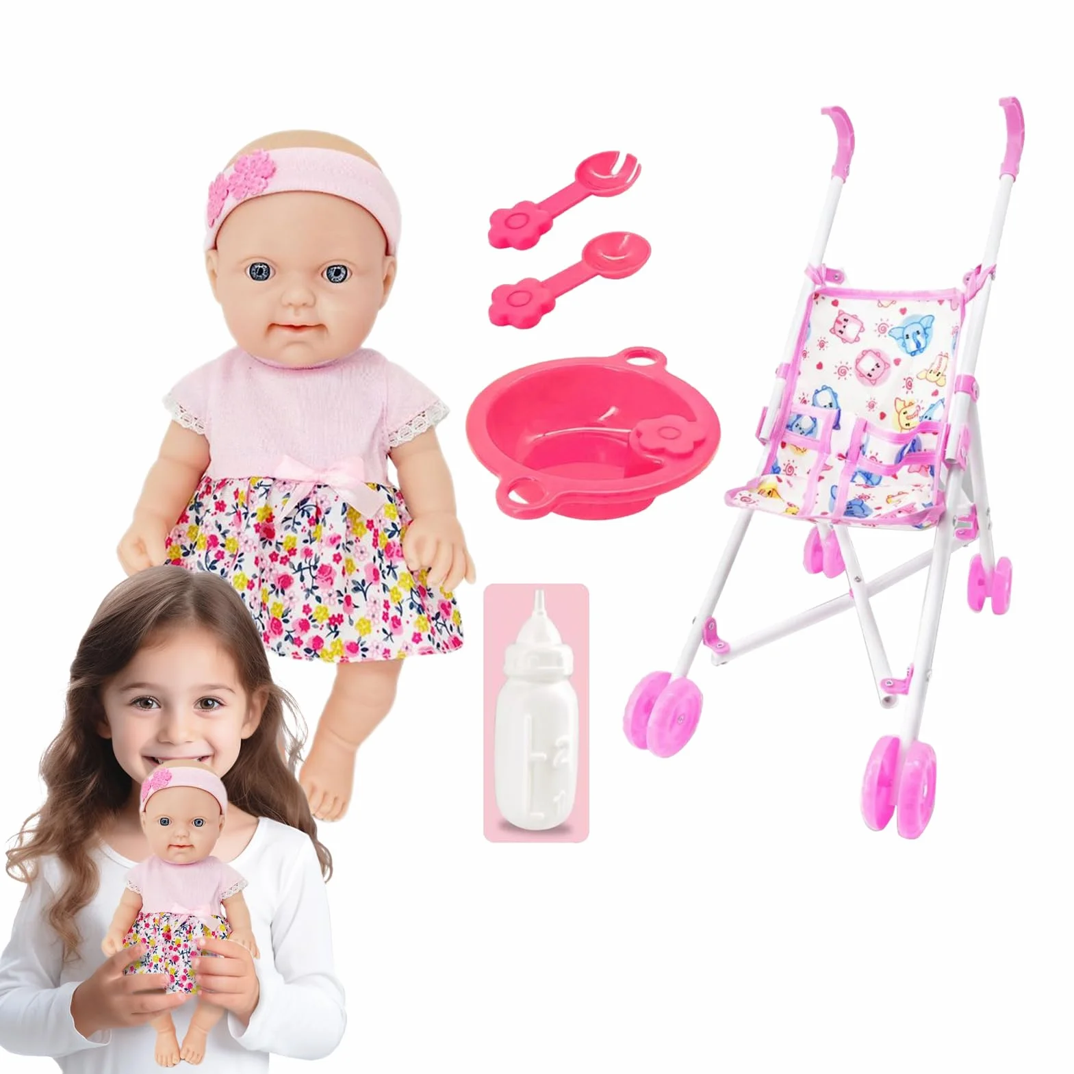 Conjunto De Cochecito De Muñeca Para Niños, Accesorios De Juego De Simulación Realista, 10 Pulgadas