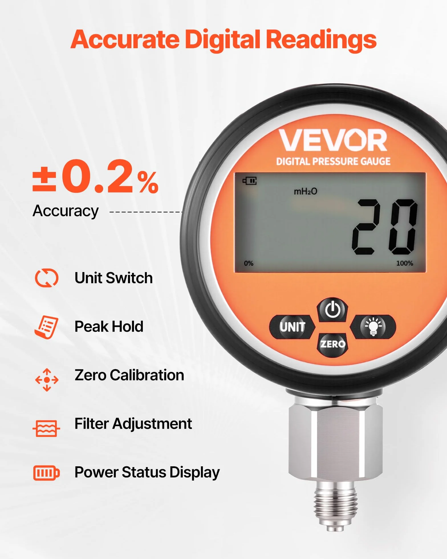 VEVOR Juego Compacto de Acoplamiento para Prueba de Presión Hidráulica Digital, 0–700 bar, con 1 Manómetro, 1 Acoplamiento de Prueba y 1 de Rápido, 1 Manguera para Excavadoras y 1 de Construcción