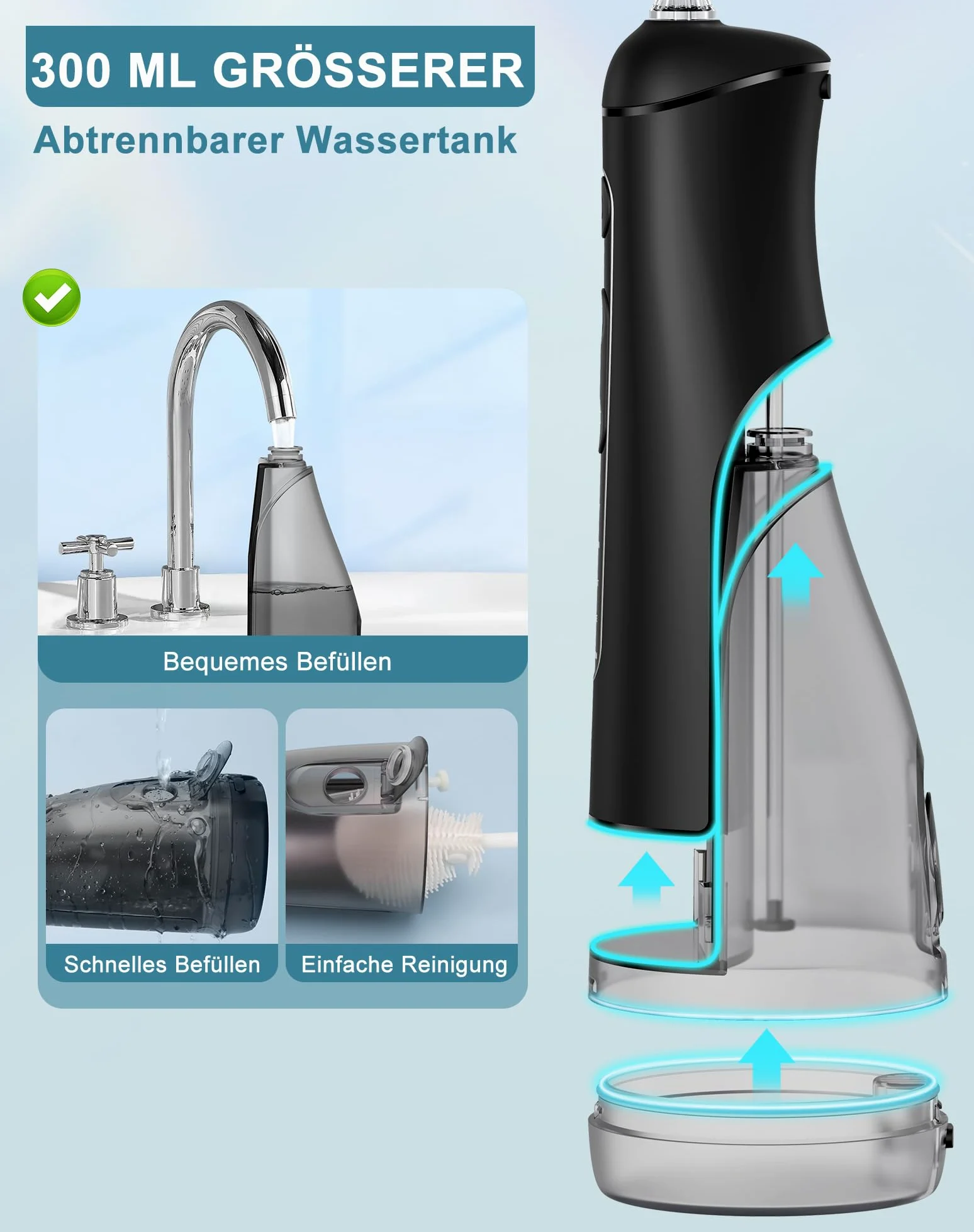 Irrigador Dental Portatil DIY, Irrigador Bucal Inalámbrico 5 Modos y 3 Intensidades, Depósito 300 ml y Base Extraíble, Carga USB, Impermeable IPX7, Sin BPA, Silencioso, para Viajes y Hogar