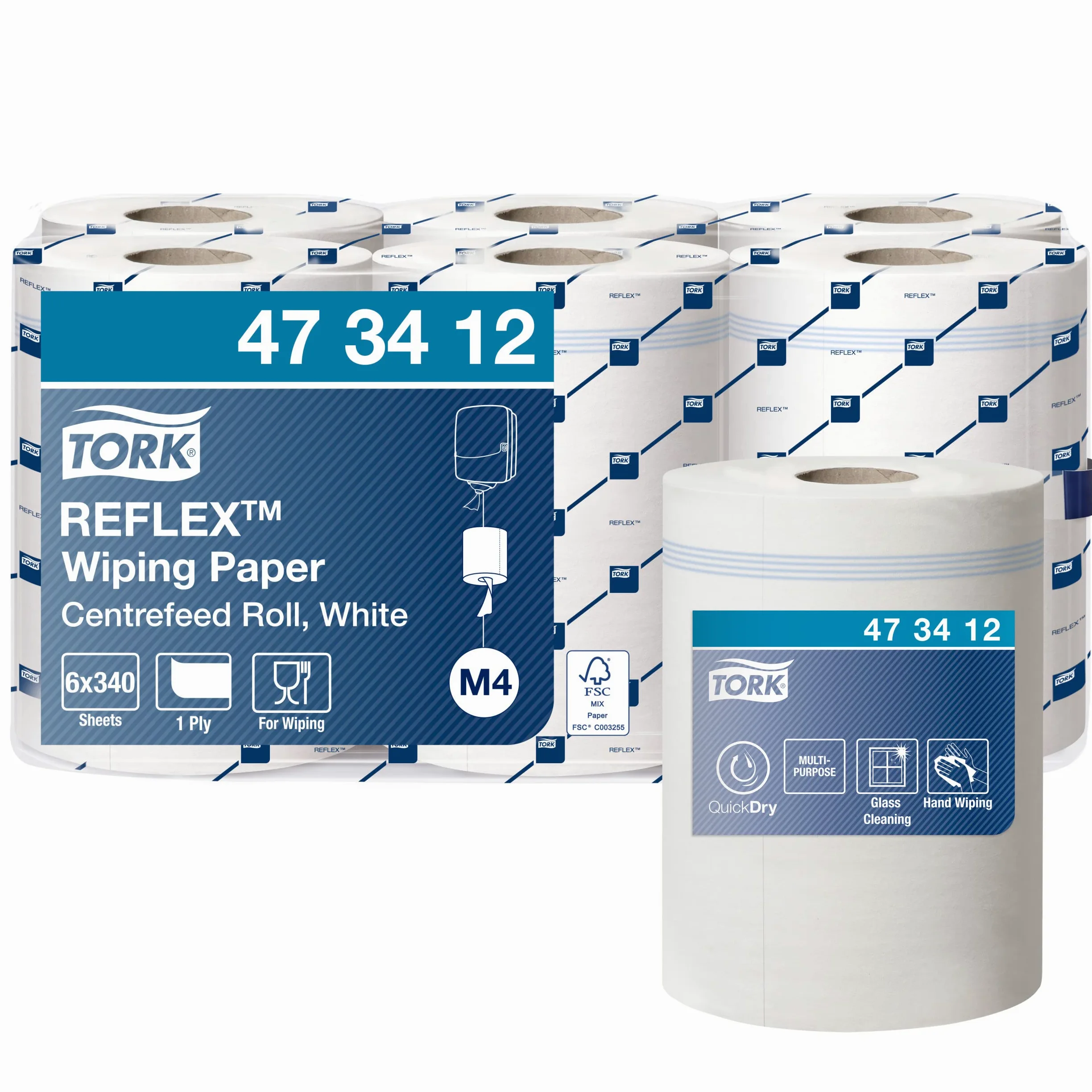 Tork 473412 Reflex Papel de secado QuickDry/Premium / 1 capa/Paños de limpieza compatibles con el sistema M4 / 6 bobinas x 113,9 m de largo/color blanco