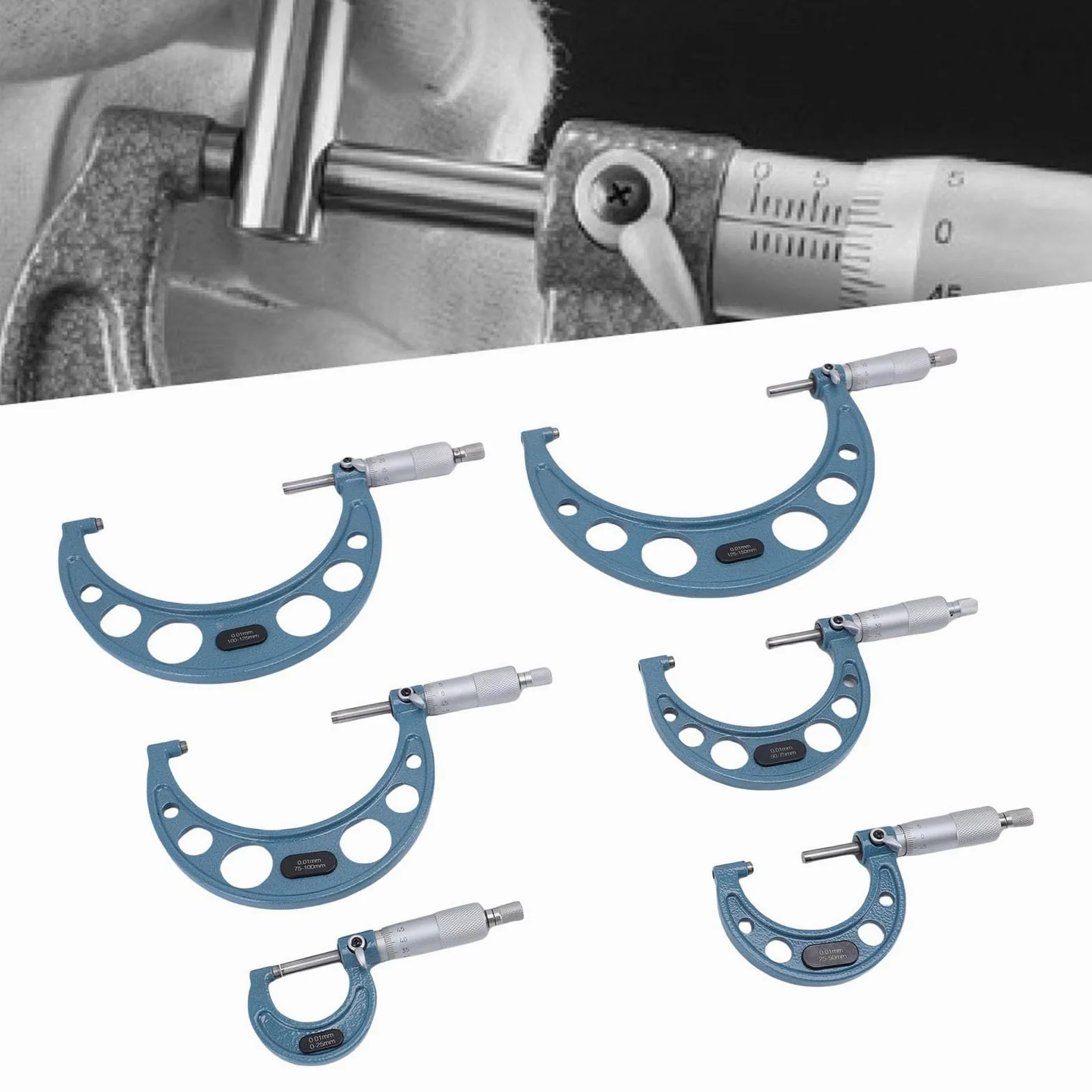 Keenso Juego de Micrómetro Exterior de Acero Inoxidable, Herramientas de Precisión para Medición Precisa, Rango de 0-150mm, 6 uds.