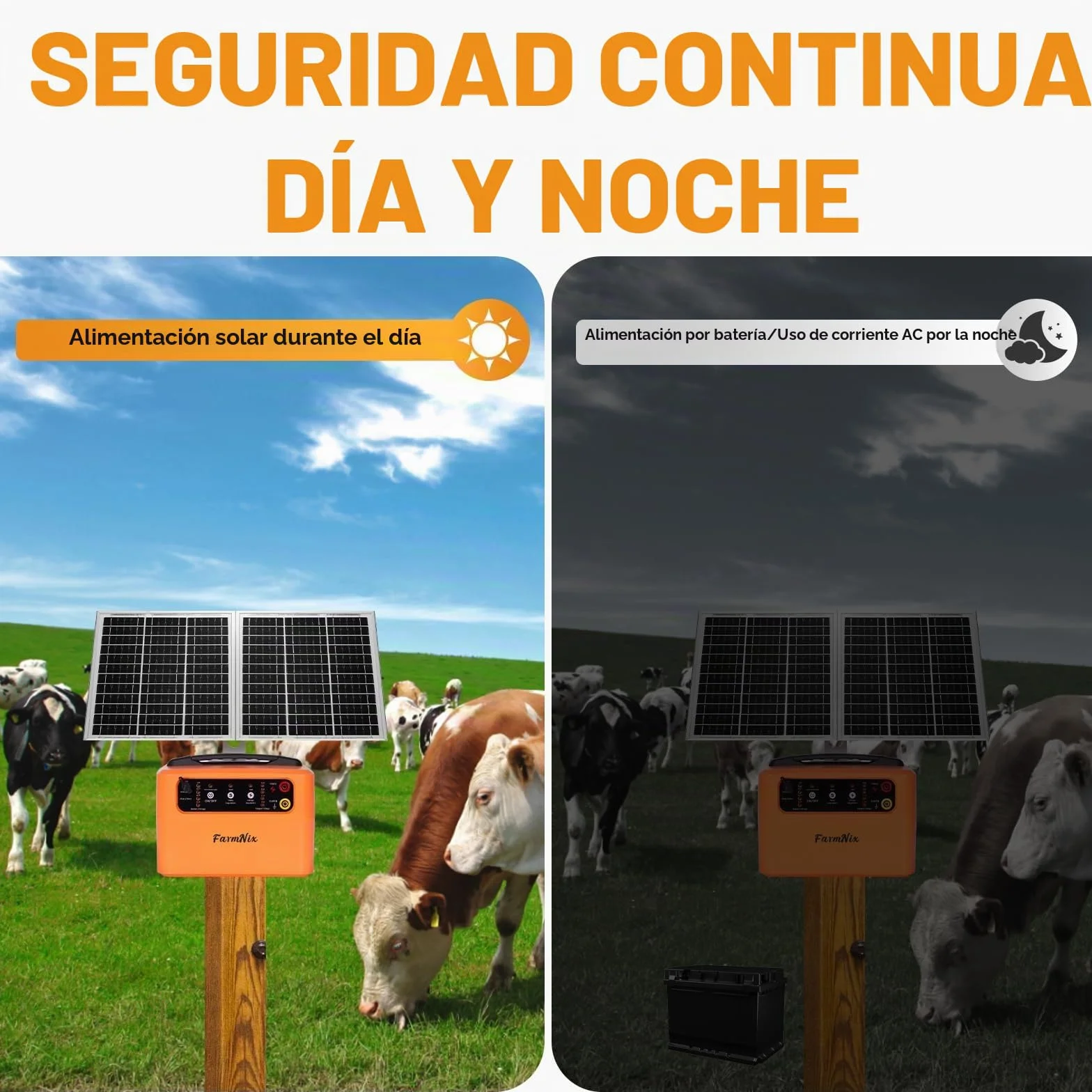 48KM Solar Pastor Electrico, Voltaje Ajustable 6-12KV, 1.5J, 15W Panel Solar, Batería Recargable, Protección 24H Ininterrumpida para Ganado, Jardín y Granja