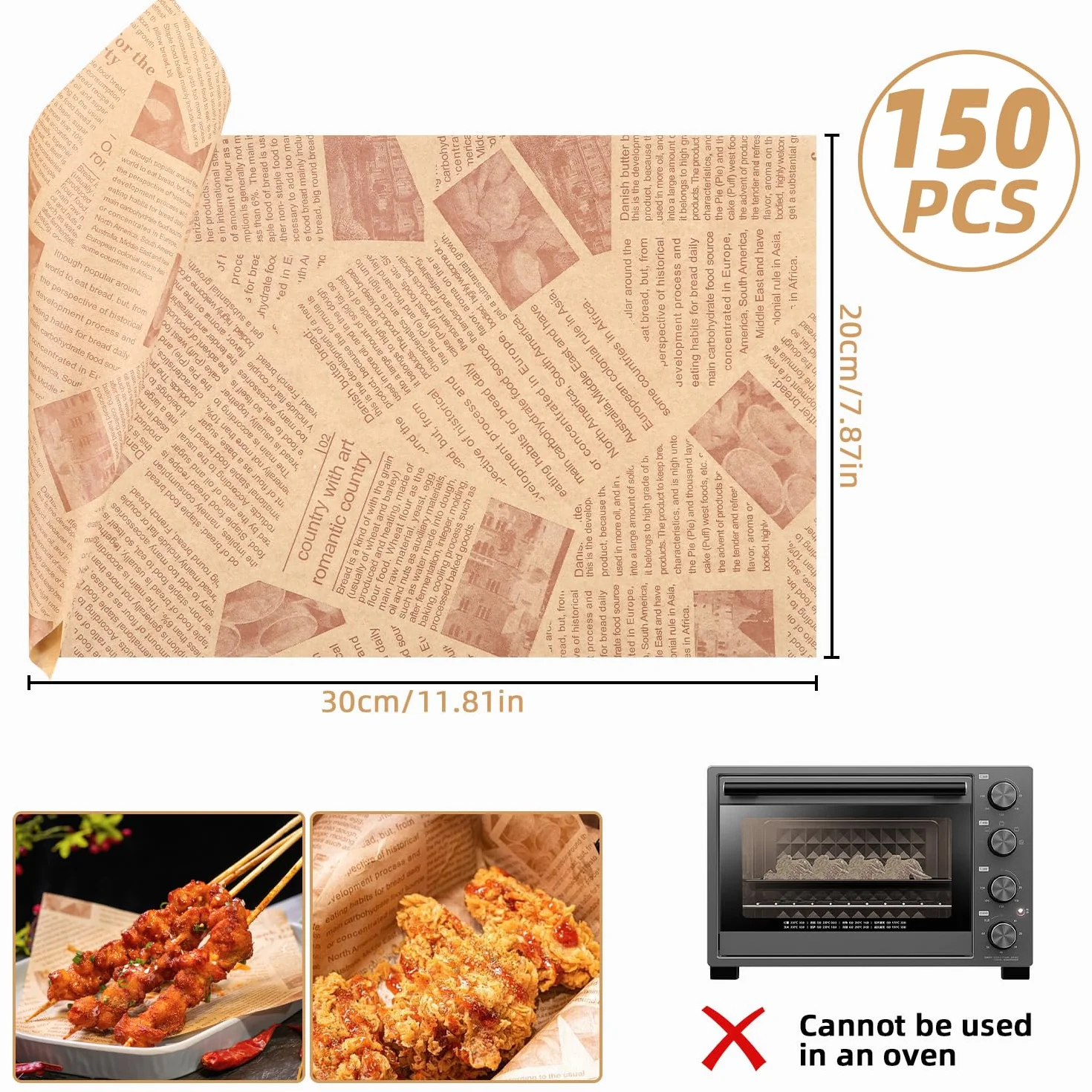 Papel Antigrasa Retro de Periódico 150 Hojas 30 x 20 cm para Alimentos