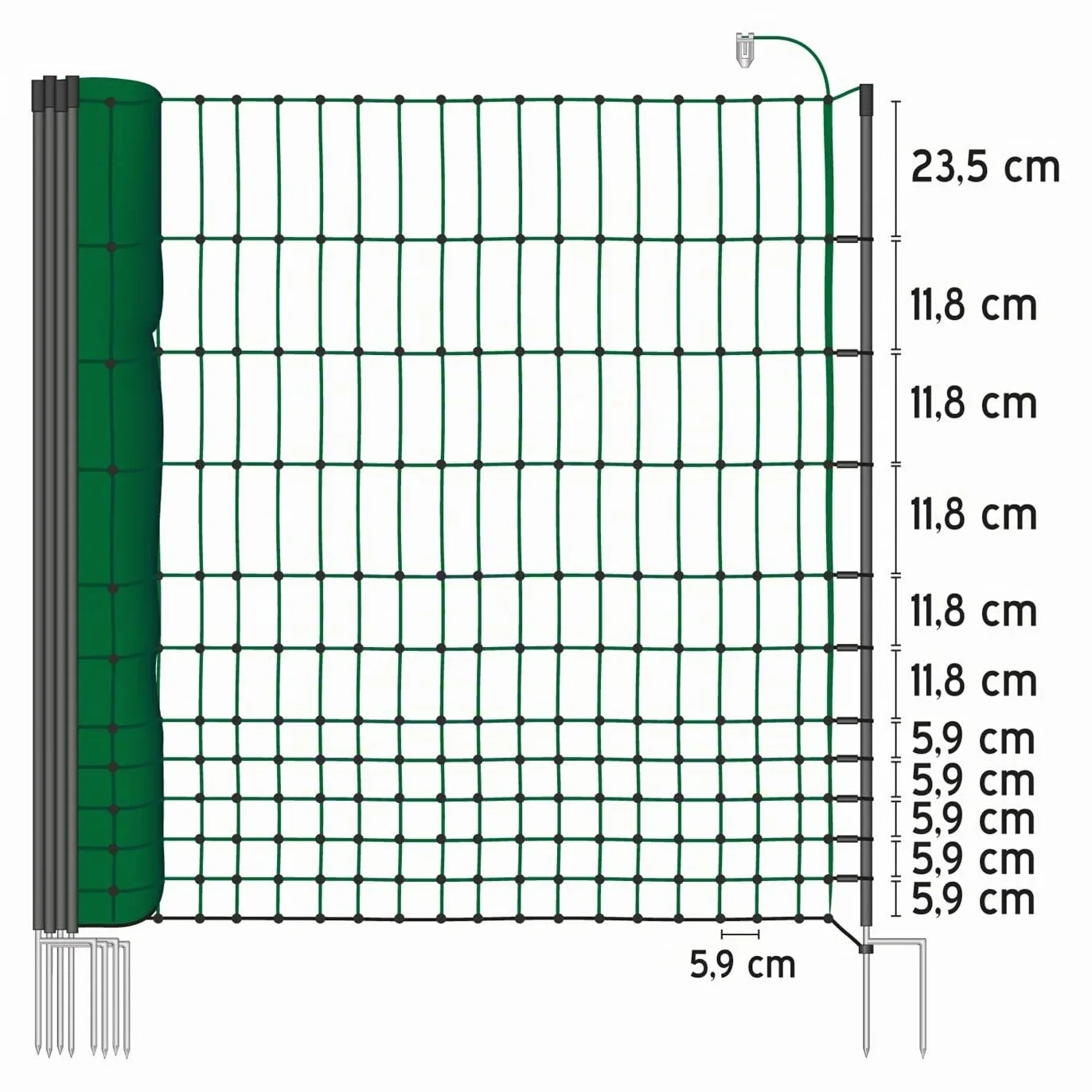 VOSS.farming Malla eléctrica para gallinas “farmNET”, Rollo de 25m de Longitud y 112cm de Altura, 9 Postes con Punta Doble y Kit de reparación