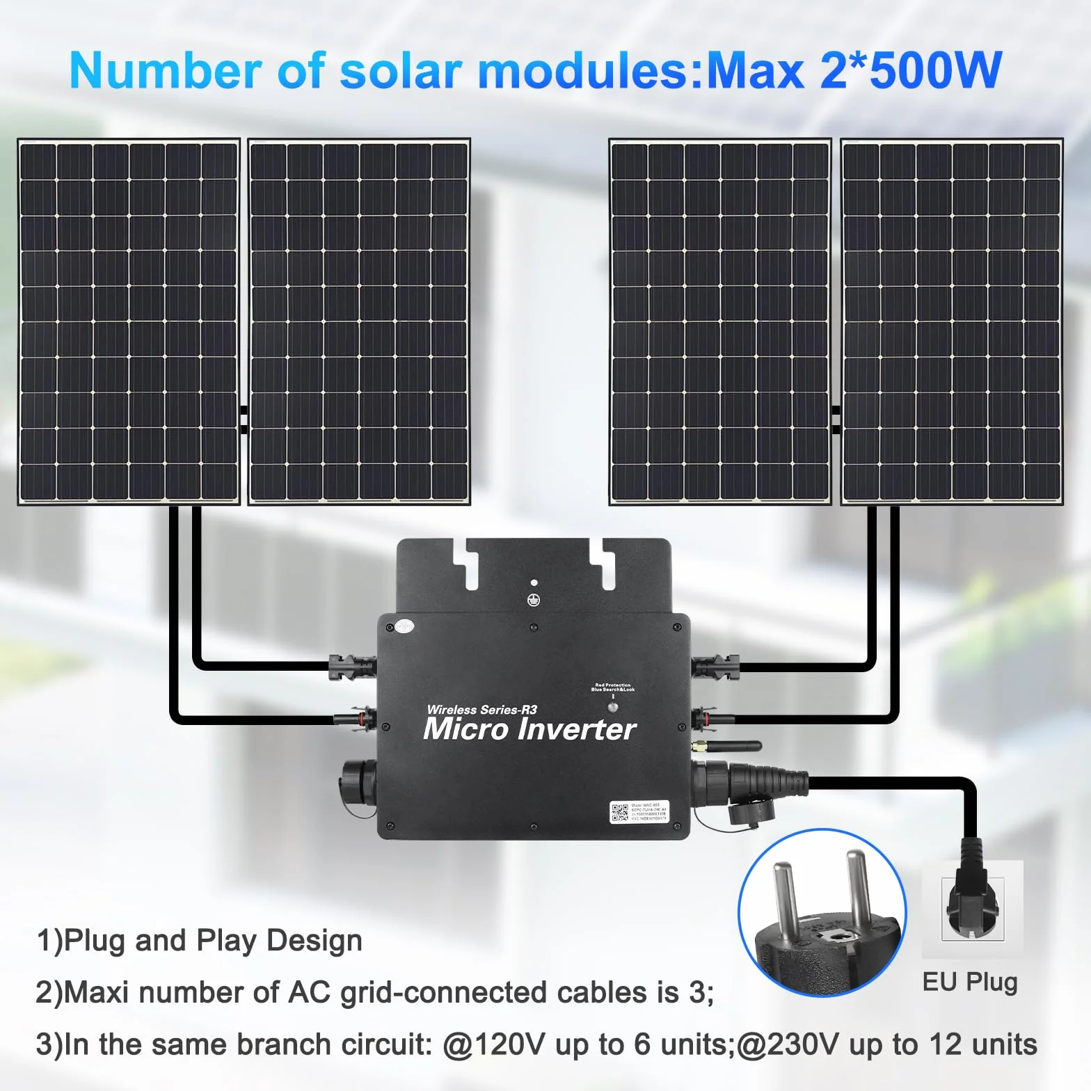 Microinversor 800W Inversor Solar fotovoltaico con WiFi y Bluetooth,Entrada DC 20-60 V,Plug & Play inversor Solar Inteligente para Sistemas solares en Balcones