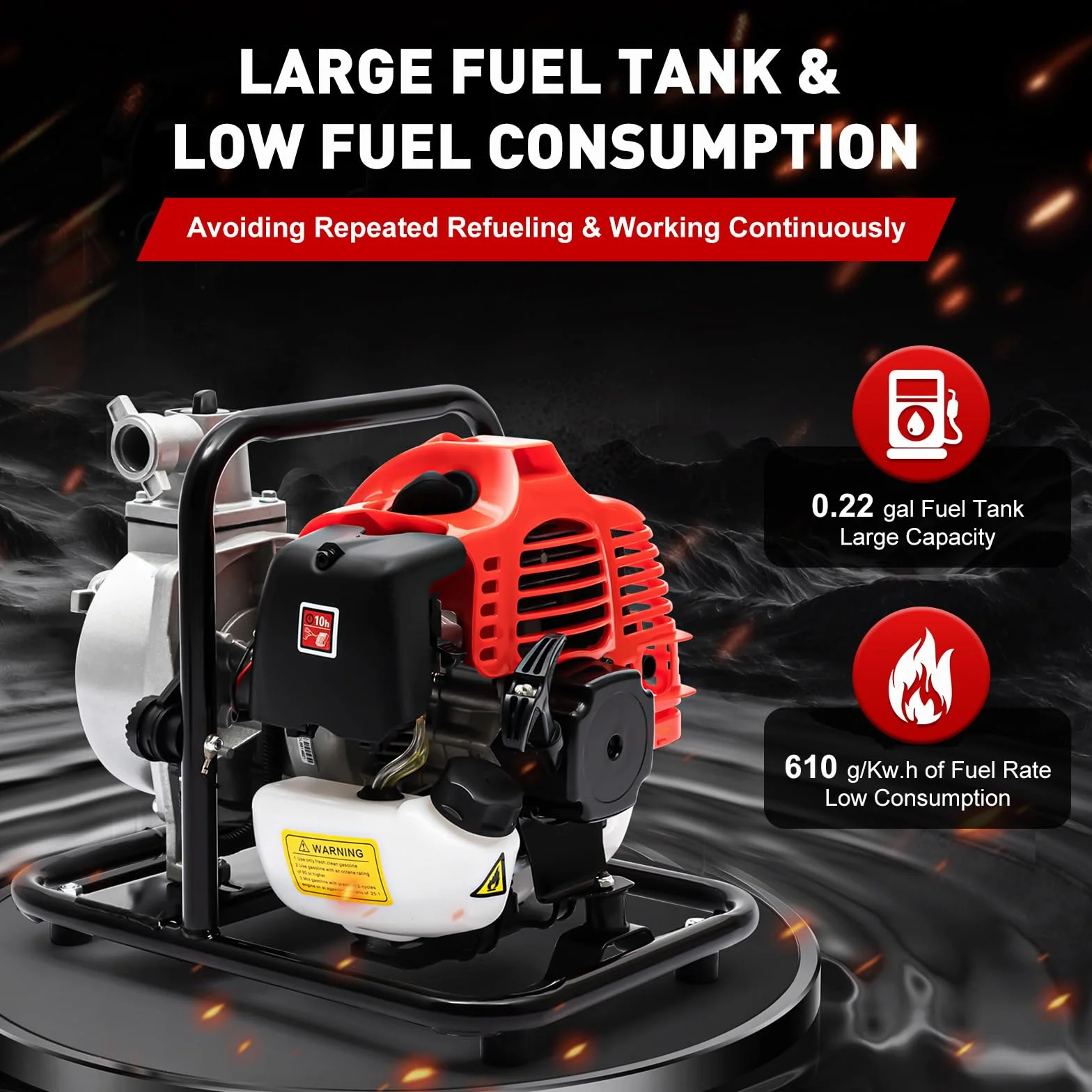 Bomba de agua de gasolina, 1,25 kW, 40,2 cc, 6500 R/min, motor de gasolina de 2 tiempos, motor de gasolina, máx. 30 m, bomba de agua de gasolina con filtro de aire adicional para drenaje o