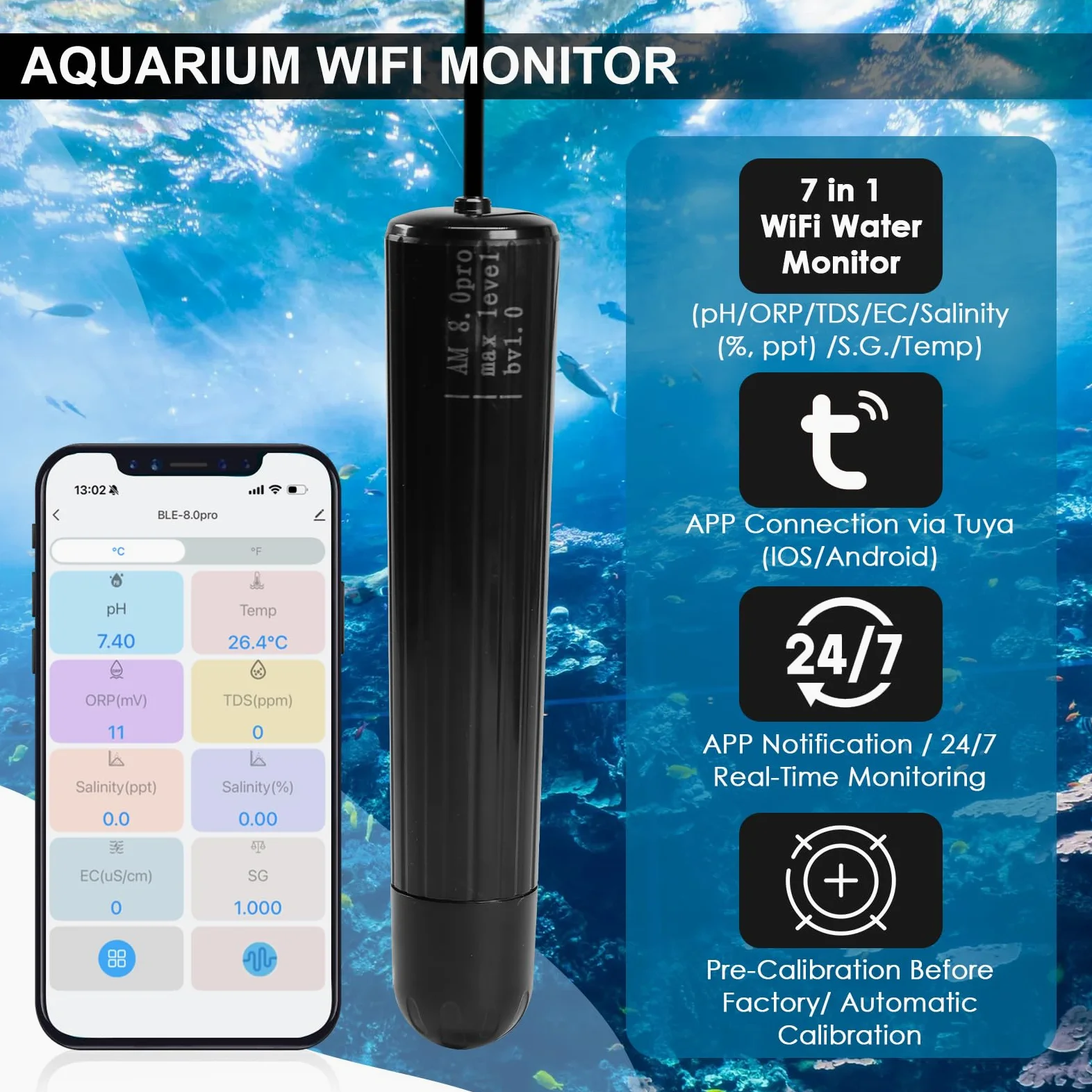 Probador de calidad del agua 7 en 1 WiFi sonda de acuario monitor de agua para pH, temperatura, TDS, salinidad, EC, ORP, S.G con alertas en tiempo real a través de la aplicación para peceras