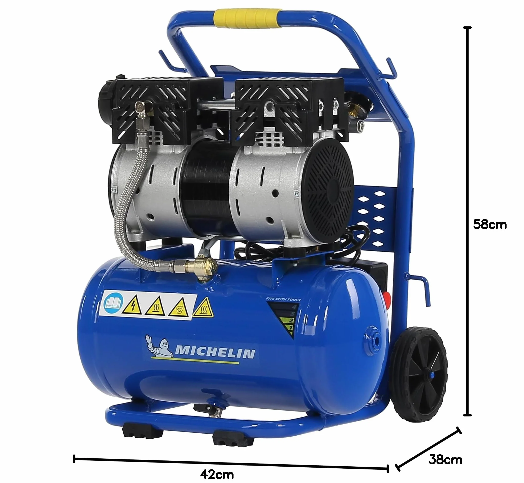 MICHELIN CA-MX10-1 - Compresor Silencioso 10LT 1HP - 59 dB - Capacidad 10 L - Motor de 1 HP - Presión Máx 8 Bar - Caudal 130 l/min - Sin Aceite - Portátil - Carro Ergonómico