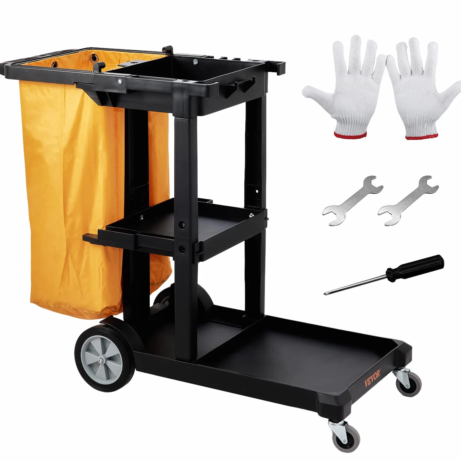 VEVOR Carro de Limpieza para Conserje de 3 Estantes Negro Carro de Empuje Móvil de PP con 4 Ruedas Carrito de Fregar Multifunción con Bolsa de PVC Capacidad de 22 Libras para Oficina Hotel Aeropuerto