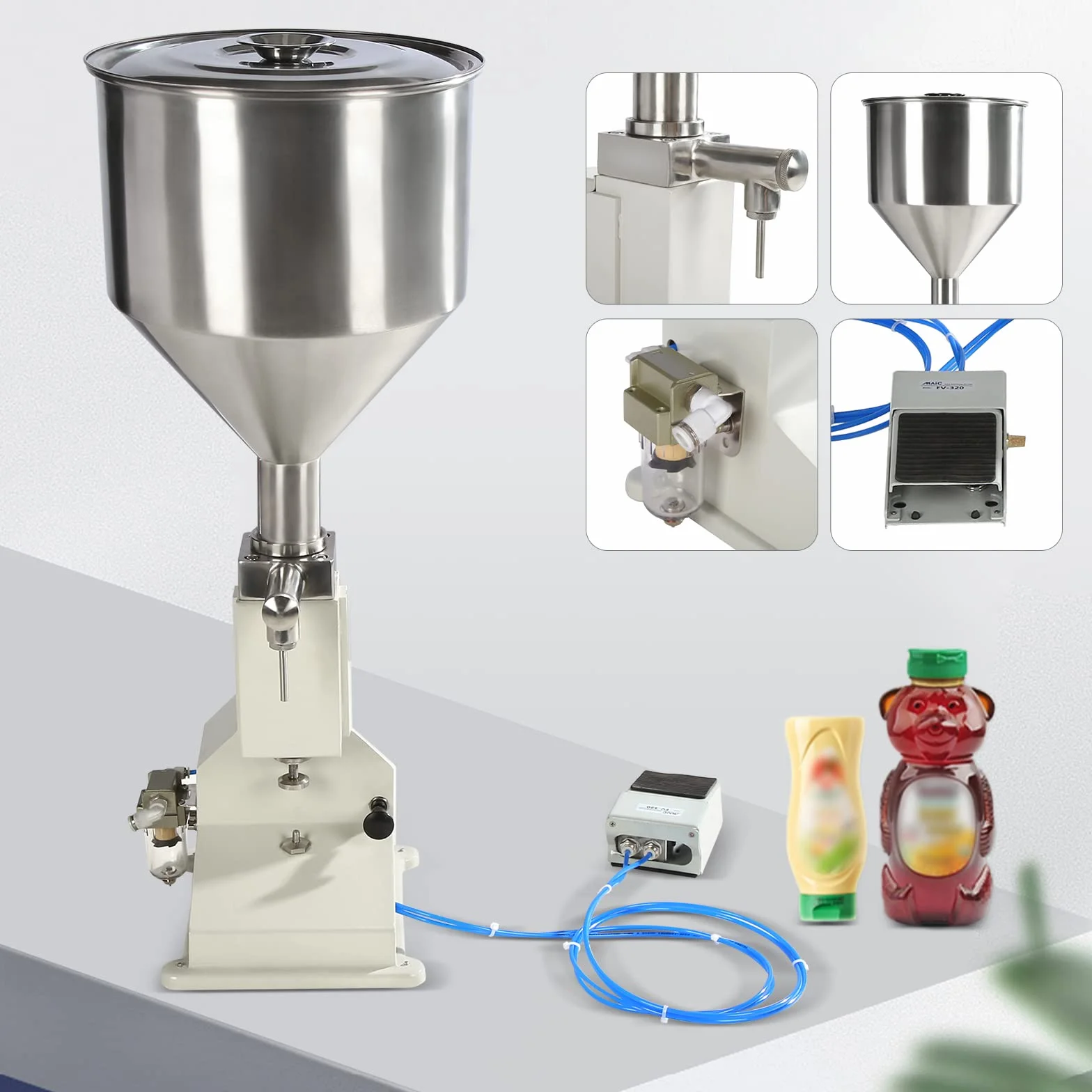Máquina de llenado neumática, carrera de llenado de 5-50 g Máquina de llenado de pasta neumática con tolva Máquina de llenado de líquido de pasta de acero inoxidable Máquina de llenado de botellas