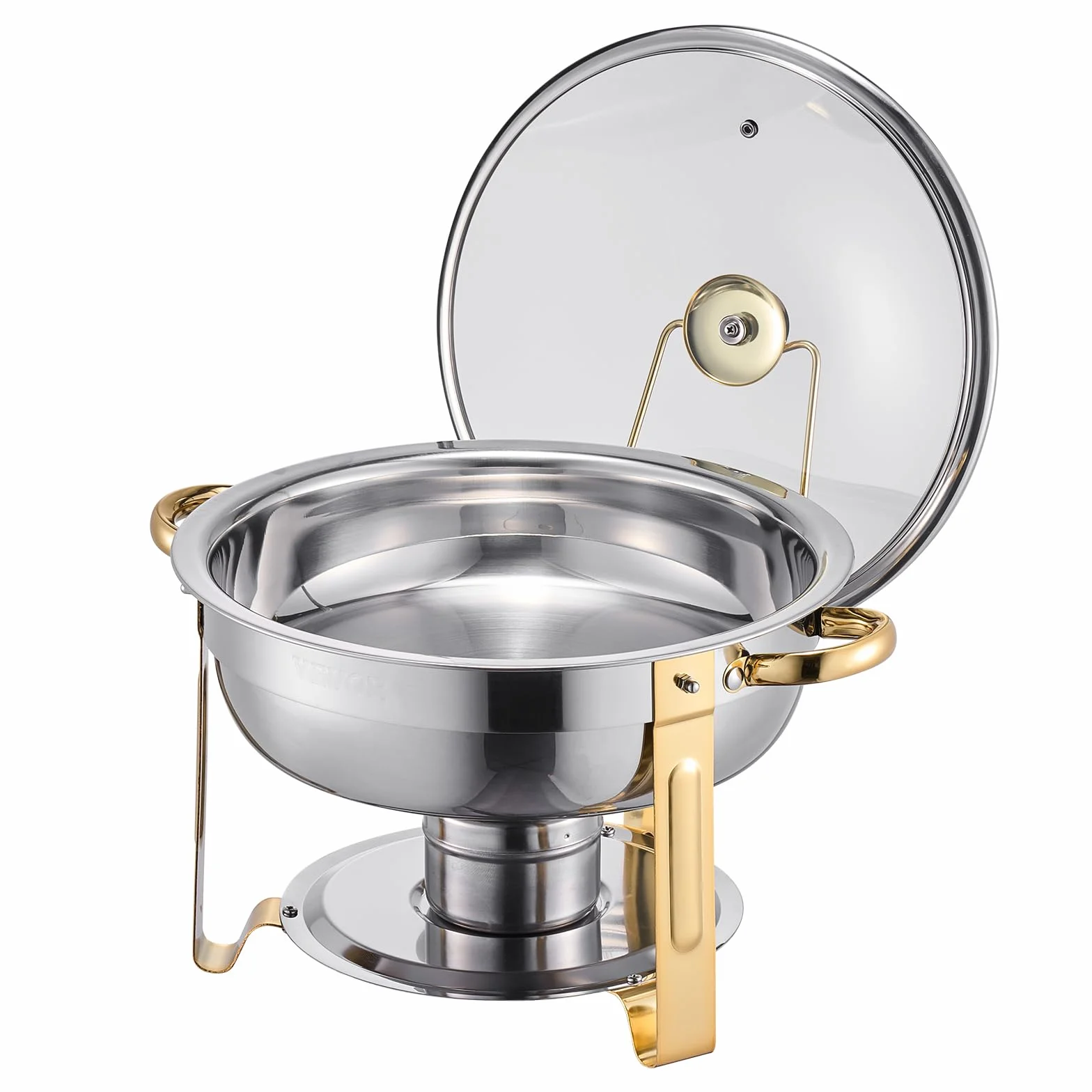 VEVOR Calentador de Alimentos para Bufé 4 Recipientes 4,7 L Redondo Tapa de Cristal Bandeja de Agua Soporte Plegable Dorado