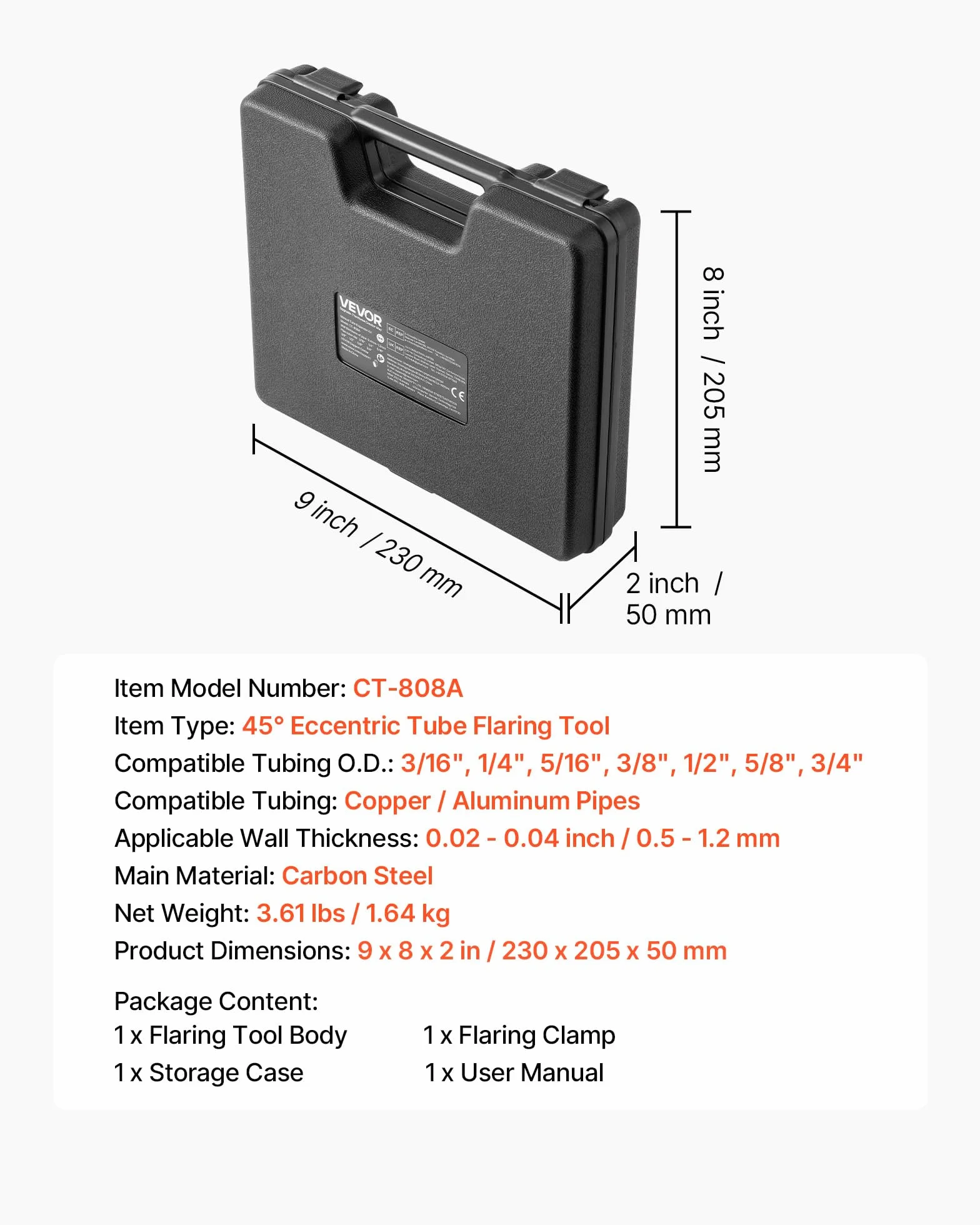 VEVOR Abocardador Tubo, Herramienta de Abocardado HVAC 4,76 a 19,05 mm, 45 Grados Cono Excéntrico, Kit para Tubos de Cobre y Aluminio sin Cortatubos para Reparación de Aire Acondicionado Refrigeración