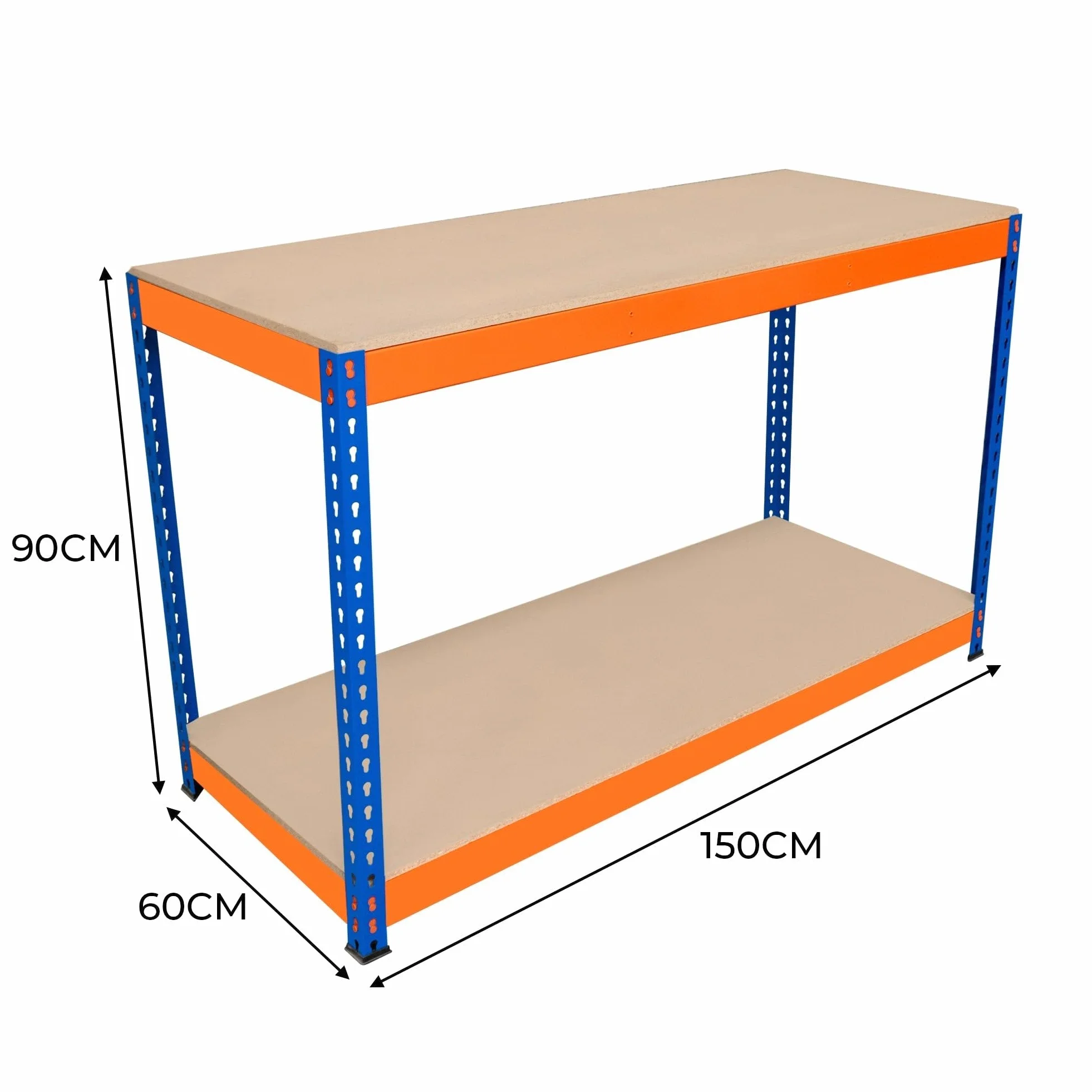 Banco de Trabajo p/Garaje S-Rax 2 Niveles | 150cm x 60cm x 90cm | Capacidad por Nivel 300kg | Montaje Sin Tornillos | 2 Barras de Soporte Reforzadas | Patas de Goma | Mesa para taller almacén depósito