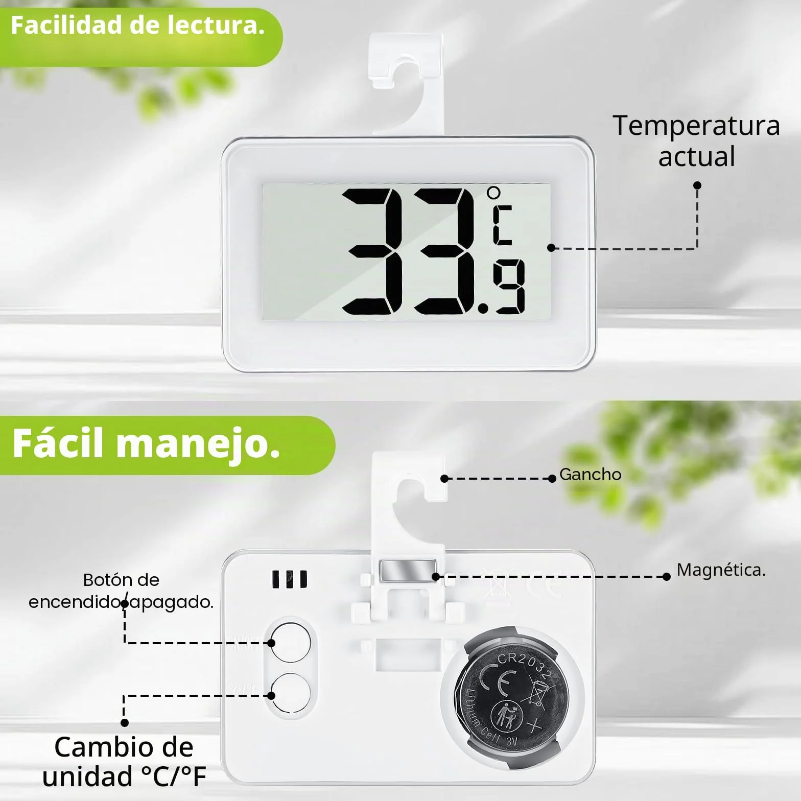 Kasanni Termómetro Nevera Congelador Digital con Pantalla Grande, Gancho y Fijación Magnética, Máx/Mín