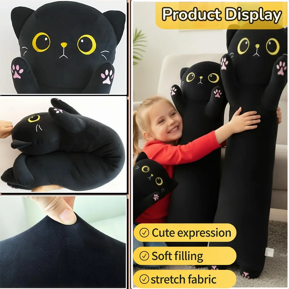 Peluche Gato Negro Grande 60cm Almohada Larga Cuerpo Suave Regalo